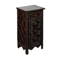 French Tramp Art 1900s Small Cabinet with Hand-Carved Geometric Raised Motifs