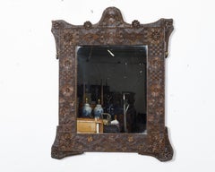 French Tramp Art 1900s Wall Mirror with Carved Geometric and Floral Décor