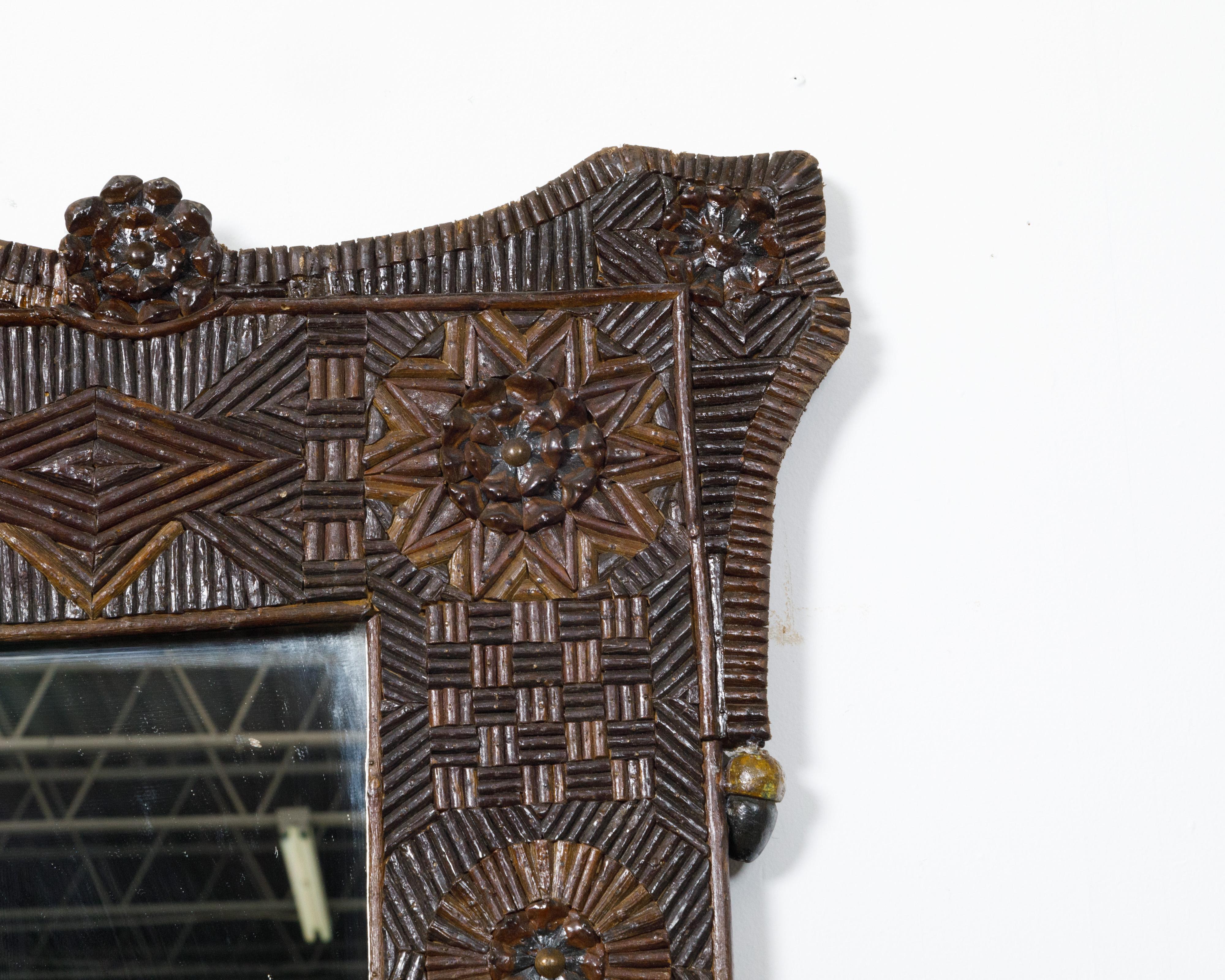Folk Art French Tramp Art 1900s Wall Mirror with Carved Geometric and Floral Décor
