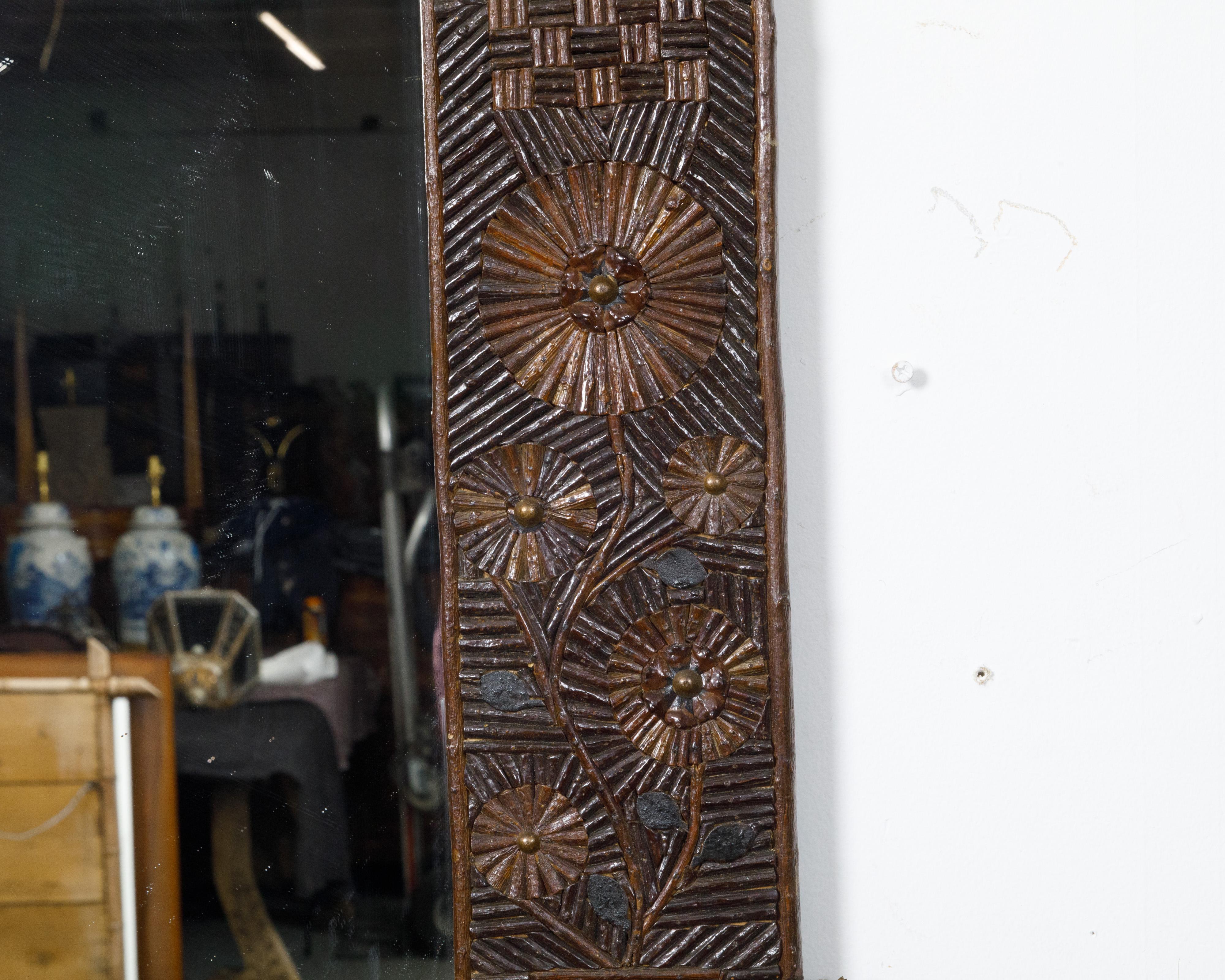 Hand-Carved French Tramp Art 1900s Wall Mirror with Carved Geometric and Floral Décor