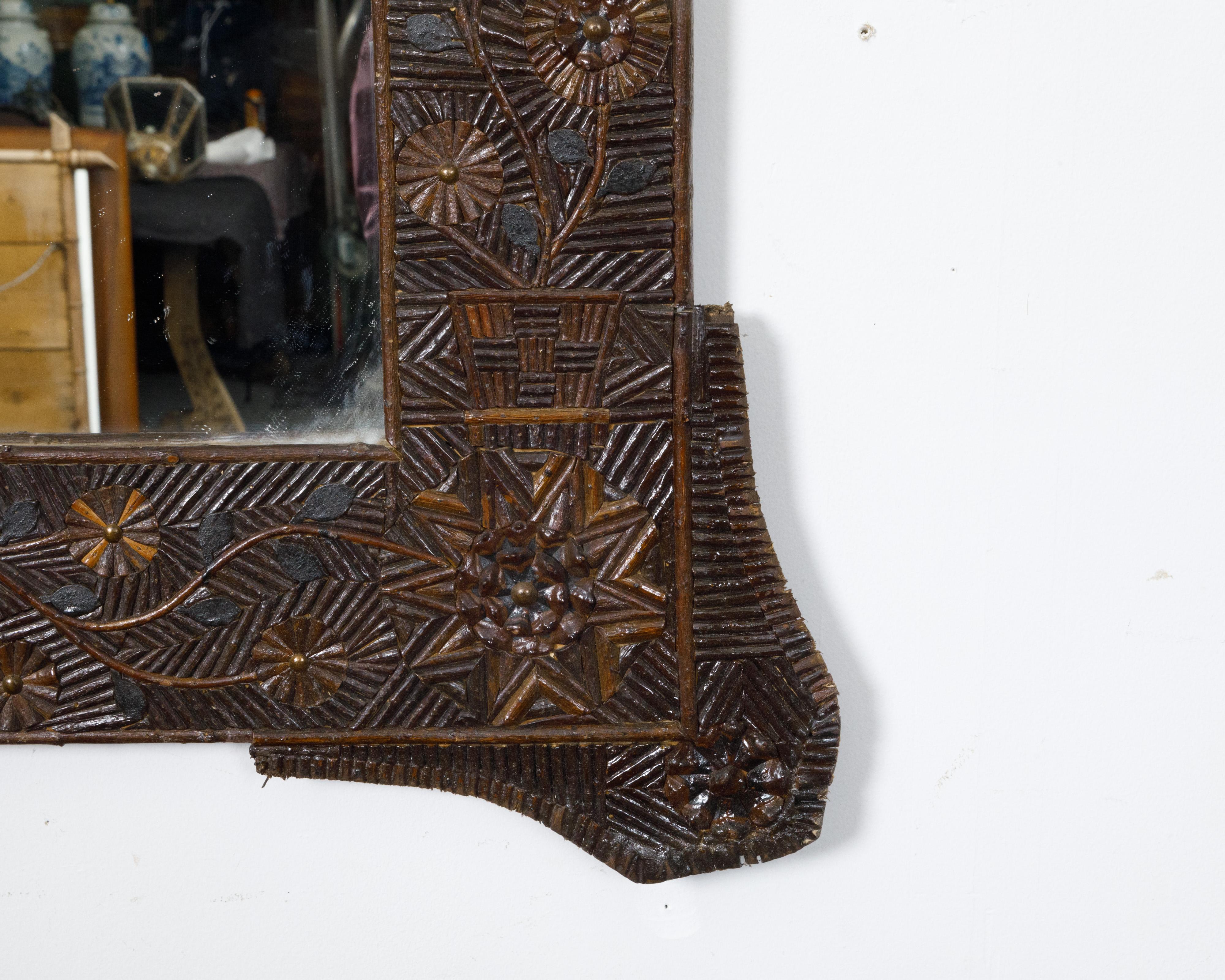 French Tramp Art 1900s Wall Mirror with Carved Geometric and Floral Décor In Good Condition In Atlanta, GA
