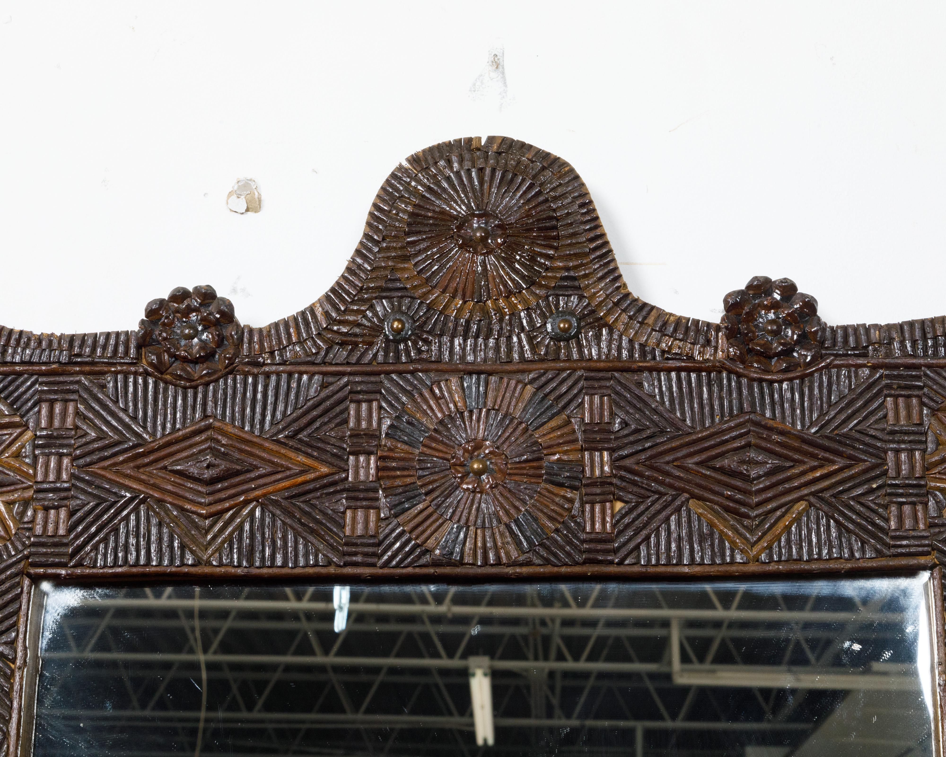 20th Century French Tramp Art 1900s Wall Mirror with Carved Geometric and Floral Décor