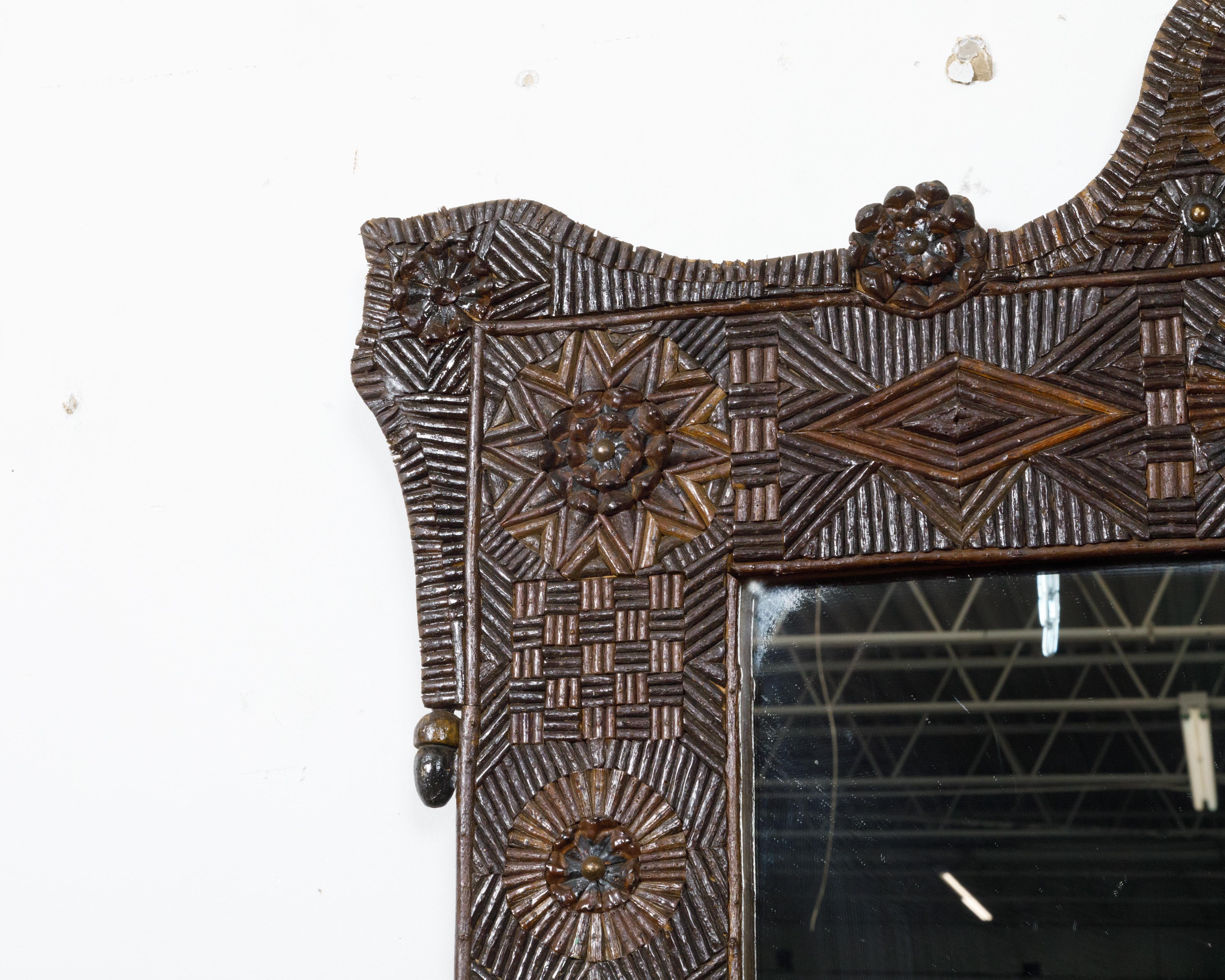 Wood French Tramp Art 1900s Wall Mirror with Carved Geometric and Floral Décor