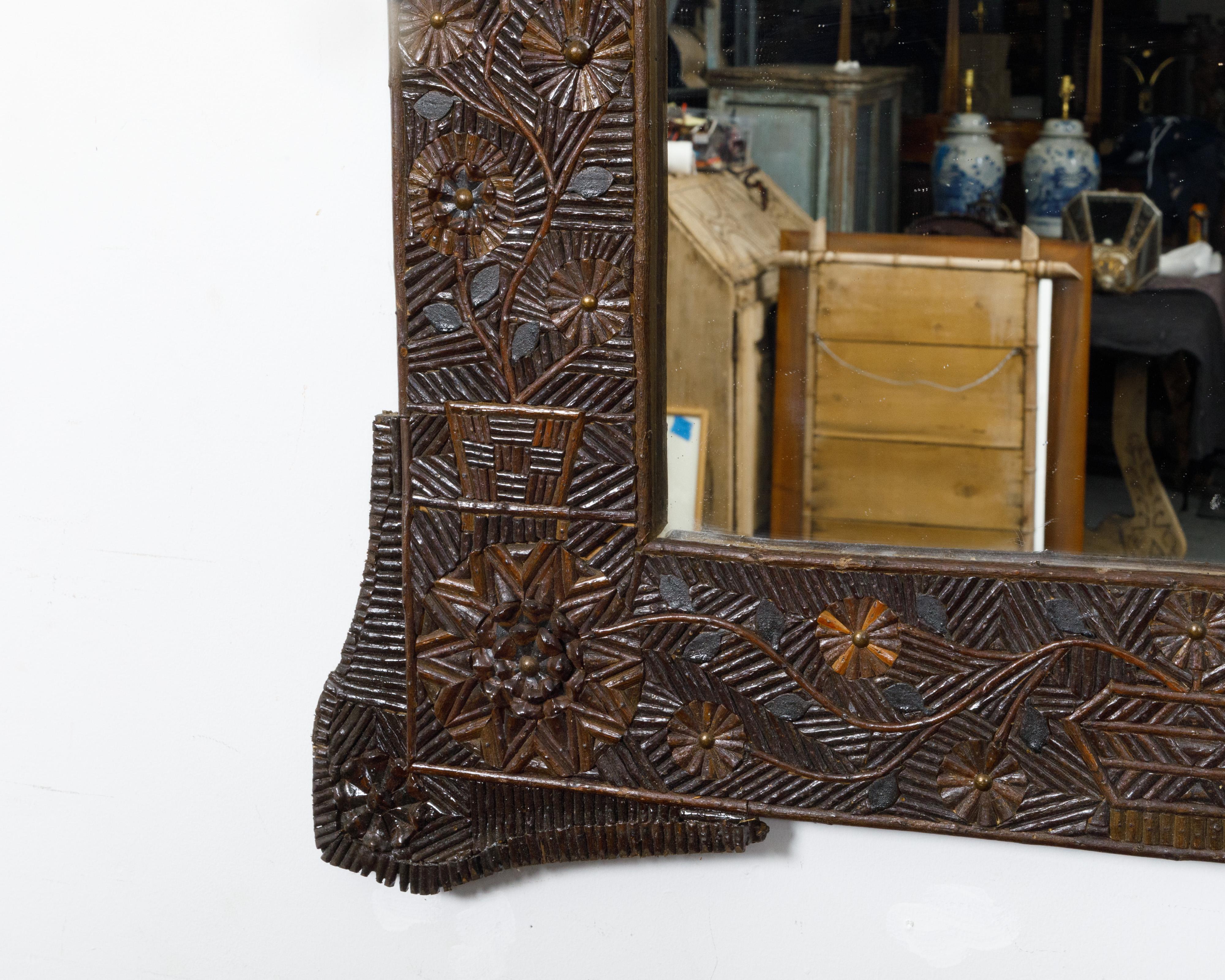 French Tramp Art 1900s Wall Mirror with Carved Geometric and Floral Décor 1