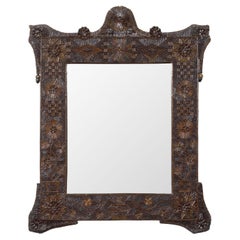 French Tramp Art 1900s Wall Mirror with Carved Geometric and Floral Décor