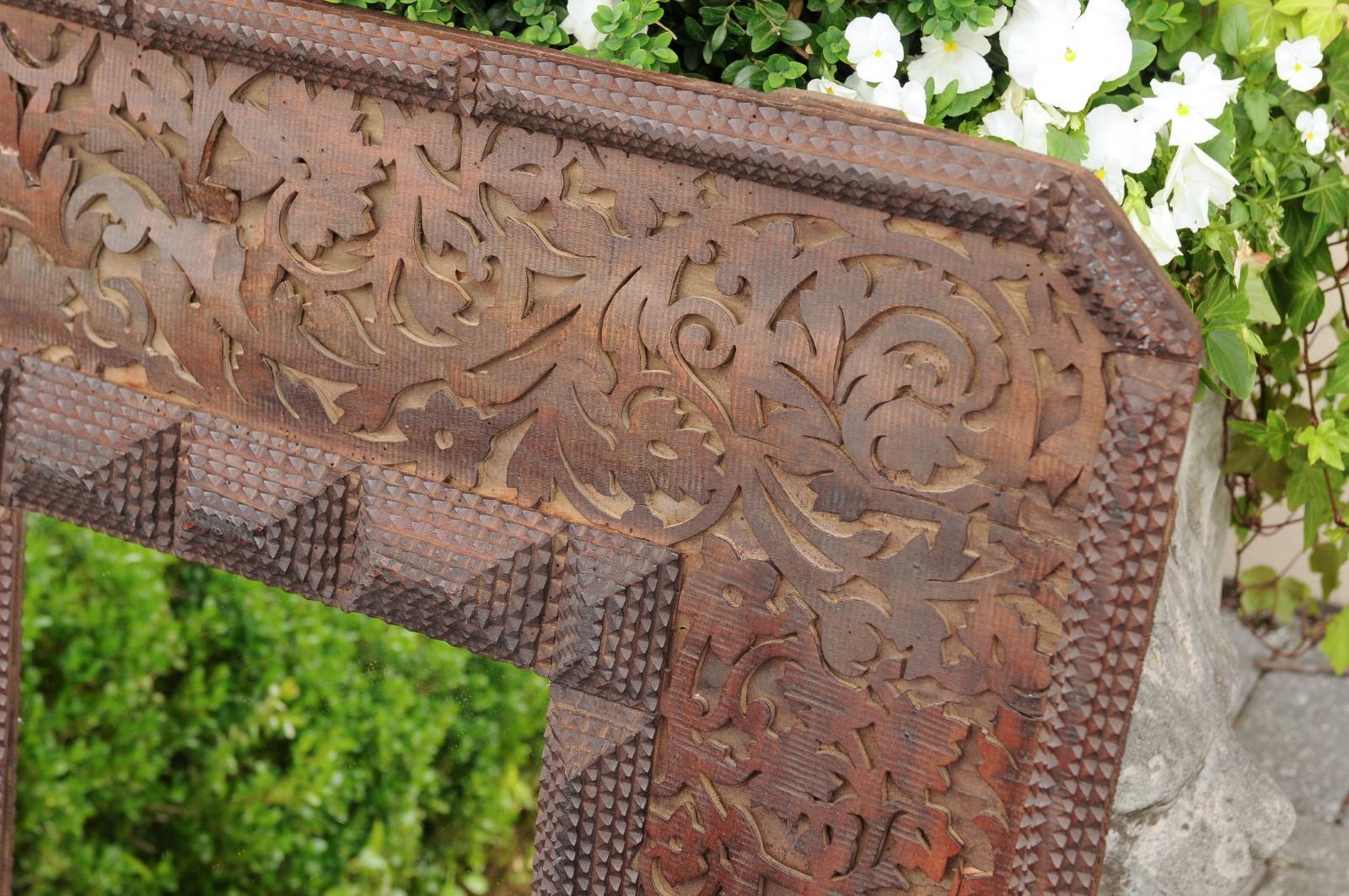 French Tramp Art Brown Wood Mirror with Scrollwork Design and Textured Accents 5