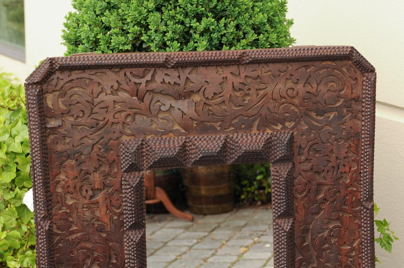 Hand-Carved French Tramp Art Brown Wood Mirror with Scrollwork Design and Textured Accents