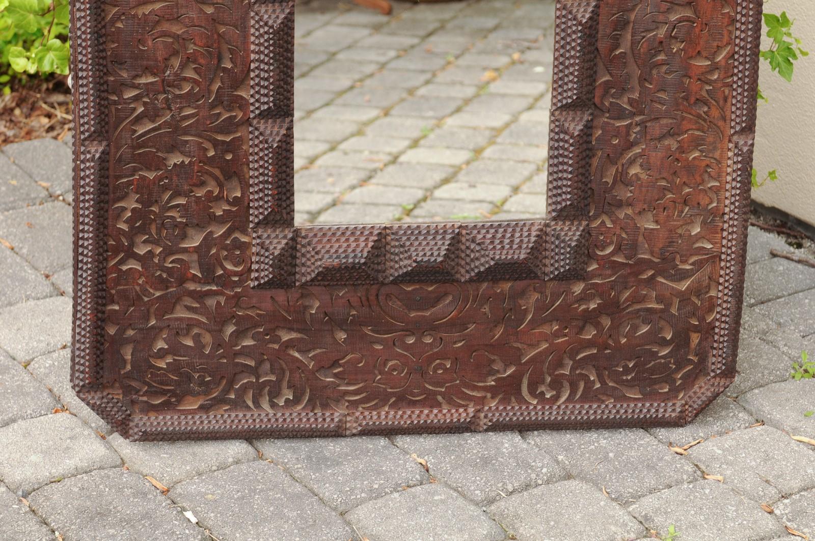 French Tramp Art Brown Wood Mirror with Scrollwork Design and Textured Accents In Good Condition In Atlanta, GA
