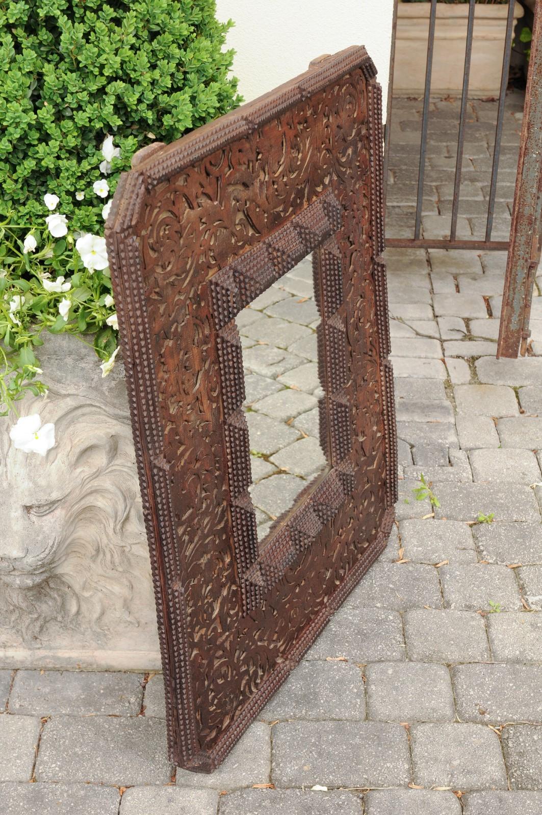 French Tramp Art Brown Wood Mirror with Scrollwork Design and Textured Accents 2