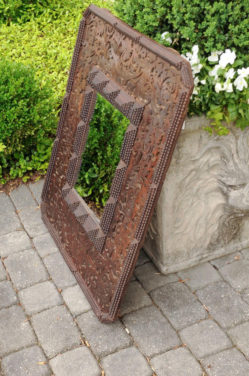 French Tramp Art Brown Wood Mirror with Scrollwork Design and Textured Accents 3
