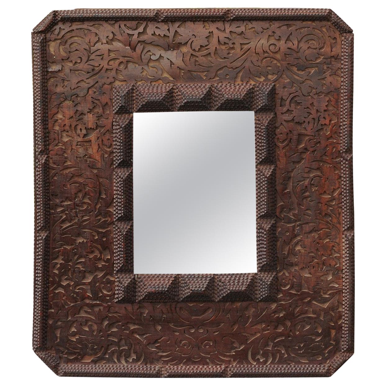French Tramp Art Brown Wood Mirror with Scrollwork Design and Textured Accents