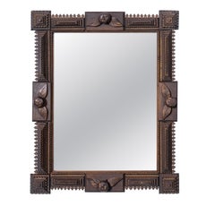 French Tramp Art Carved Wood Mirror with Applied Floral Motifs, Circa 1900