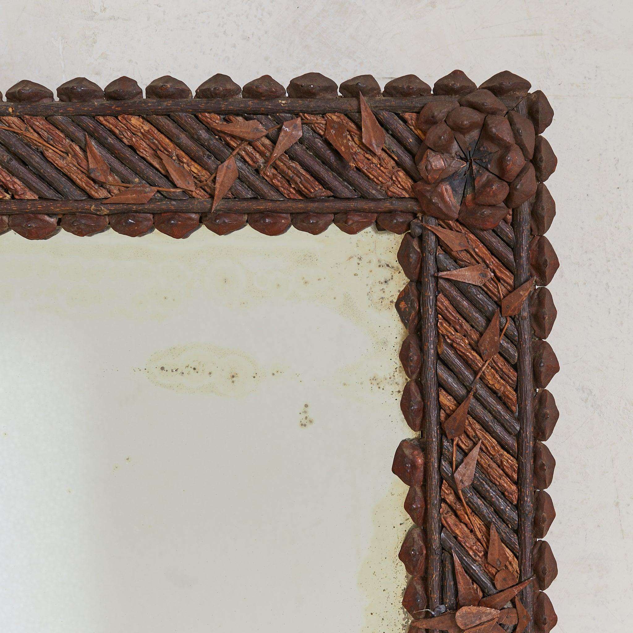 French Tramp Art Carved Wood Wall Mirror, 1920s Arte popular en venta