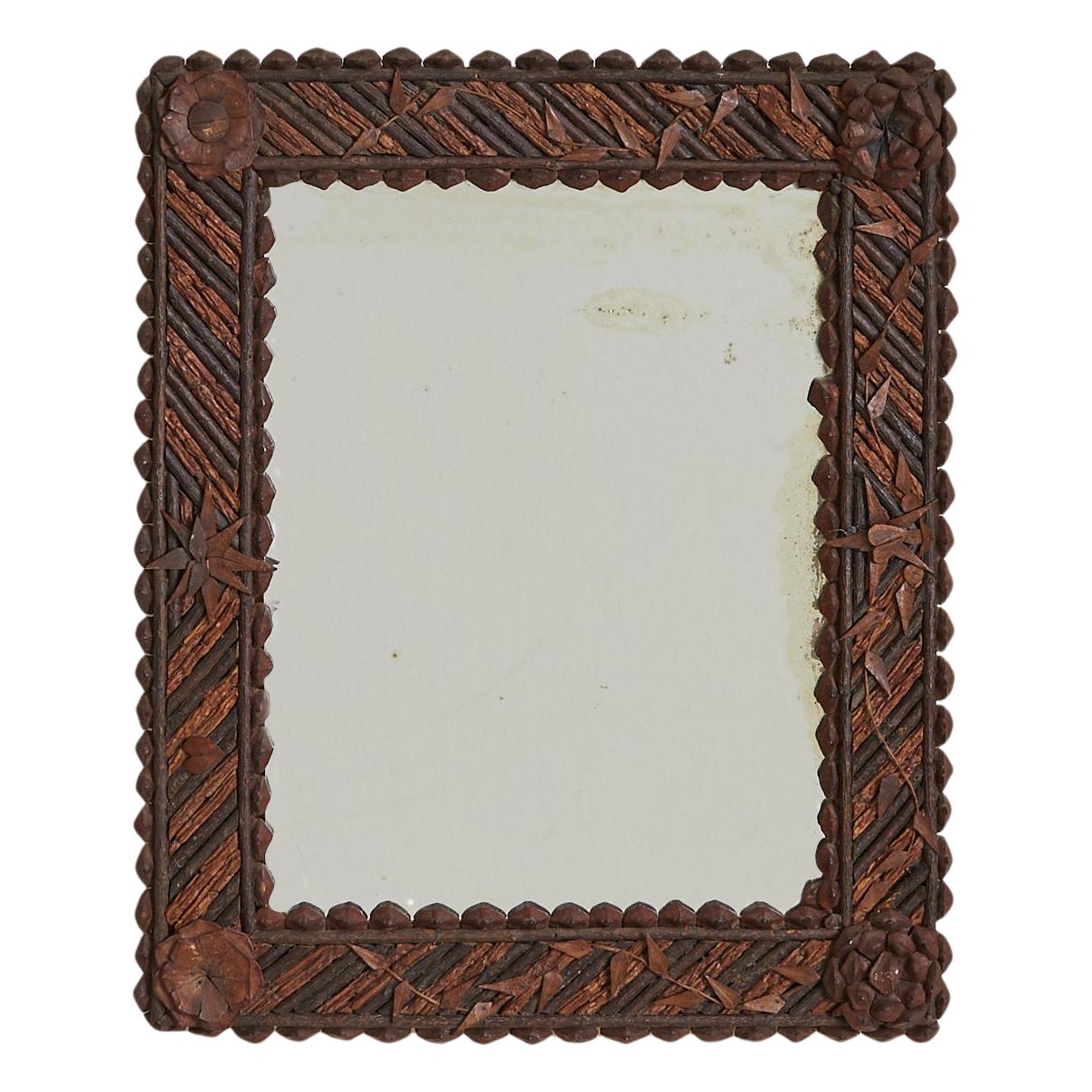 French Tramp Art Carved Wood Wall Mirror, 1920s
