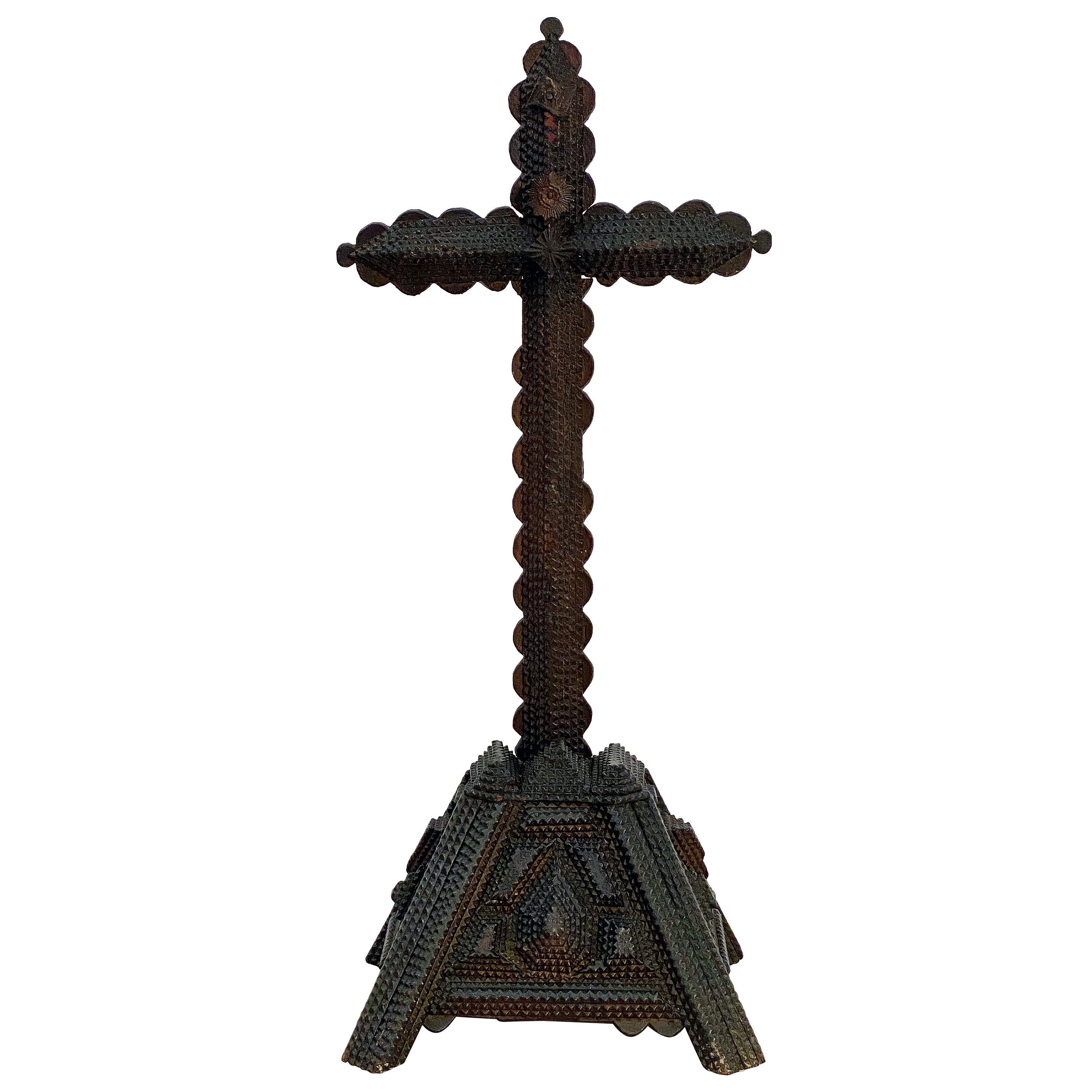 French Tramp Art Cross on Pyramid Base