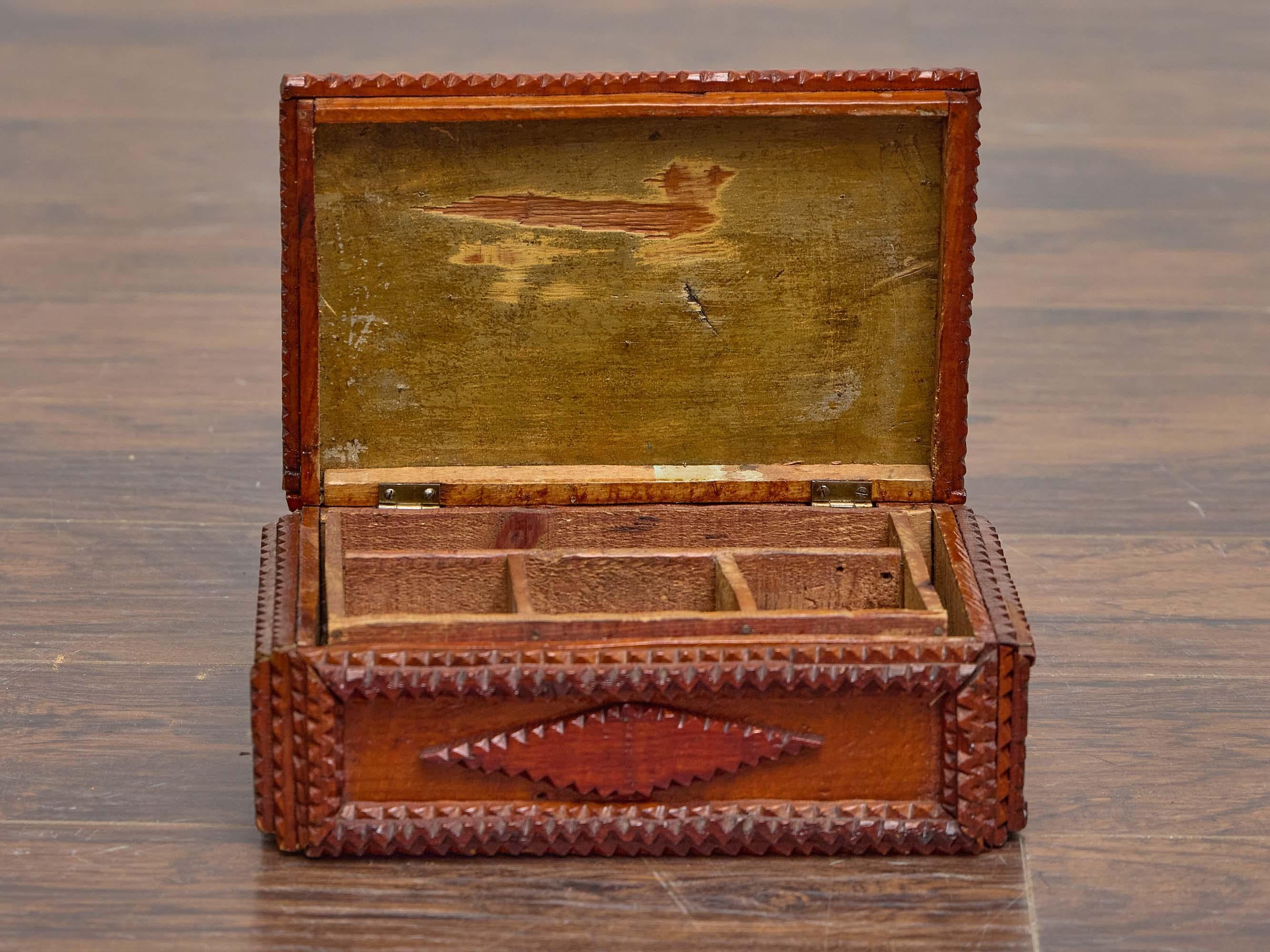 Folk Art French Tramp Art Hand-Carved Wooden Box with Diamond Motifs, circa 1890 For Sale