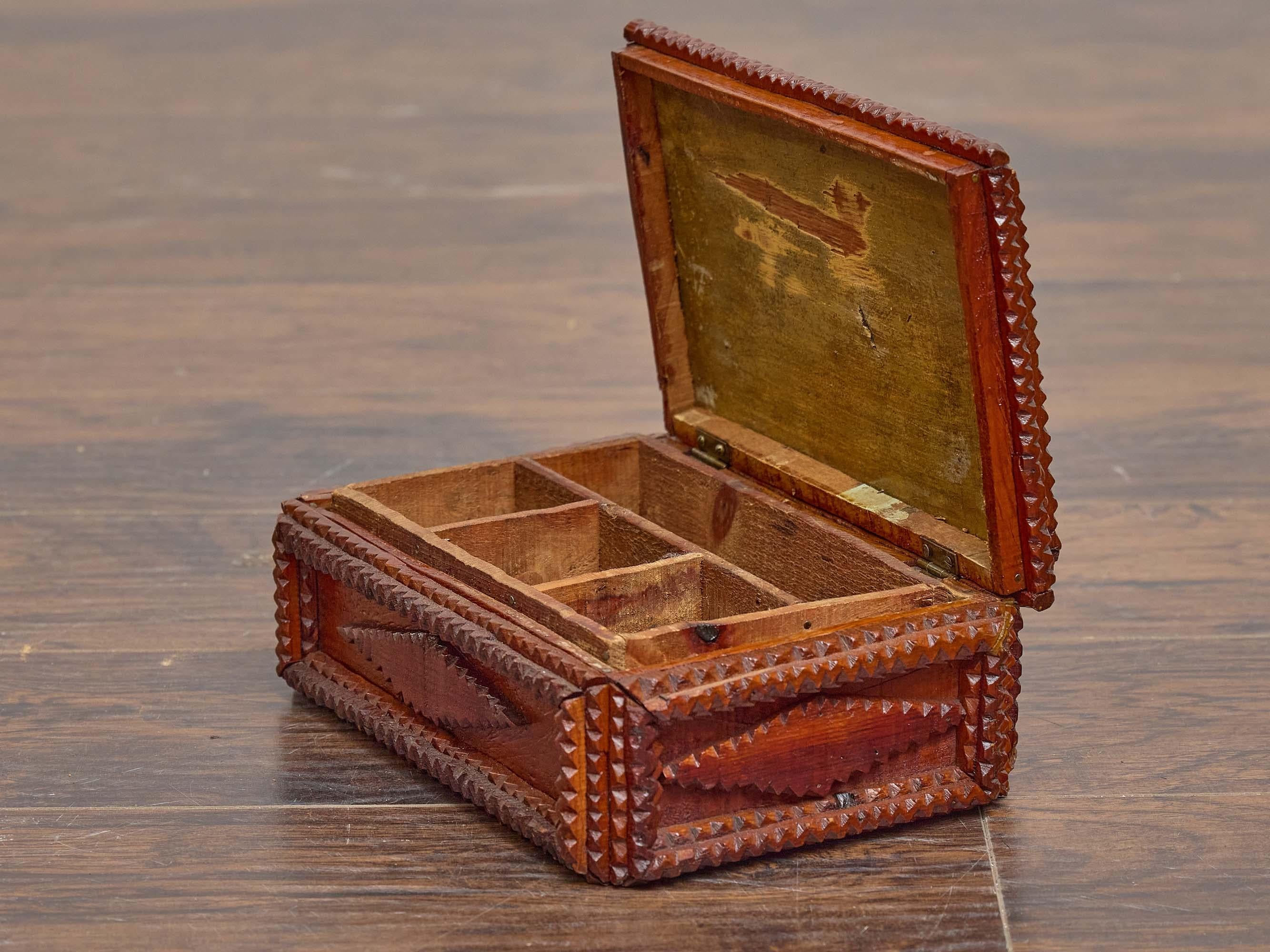 French Tramp Art Hand-Carved Wooden Box with Diamond Motifs, circa 1890 In Good Condition For Sale In Atlanta, GA