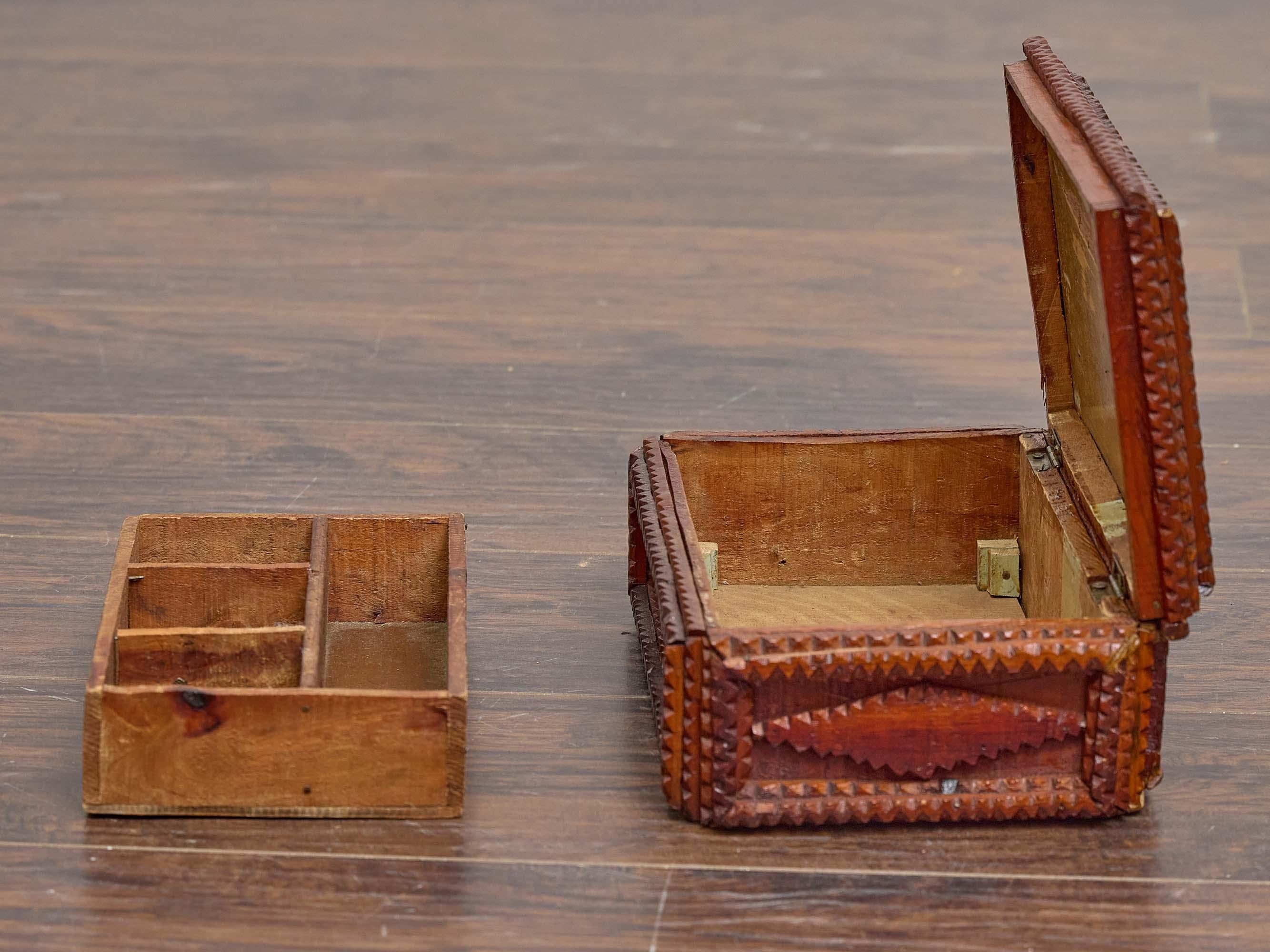 19th Century French Tramp Art Hand-Carved Wooden Box with Diamond Motifs, circa 1890 For Sale