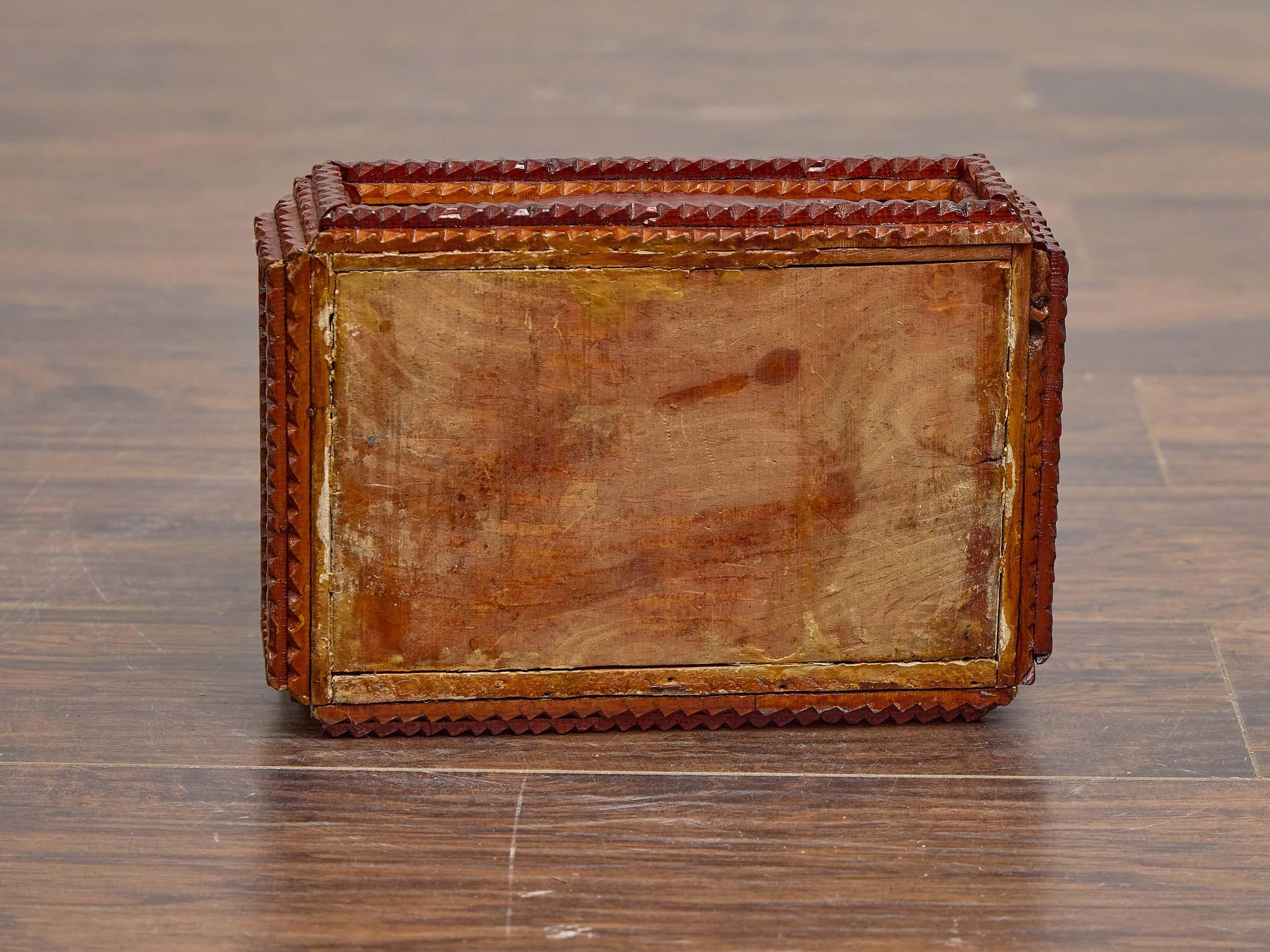French Tramp Art Hand-Carved Wooden Box with Diamond Motifs, circa 1890 For Sale 4