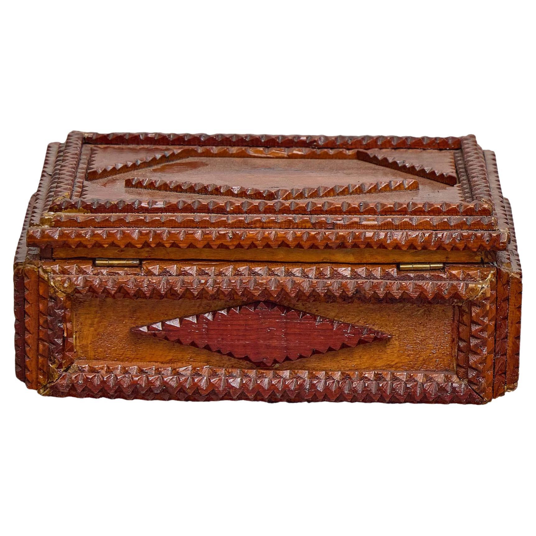 French Tramp Art Hand-Carved Wooden Box with Diamond Motifs, circa 1890 For Sale