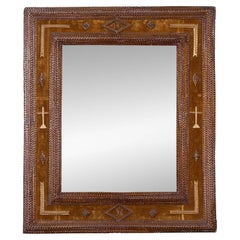 French Tramp Art Mirror Dated 1896 with Carved Geometric Frame