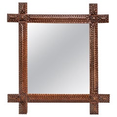 French Tramp Art Mirror - Folk Art Geometric Hand Carved Wooden Mirror - 1890