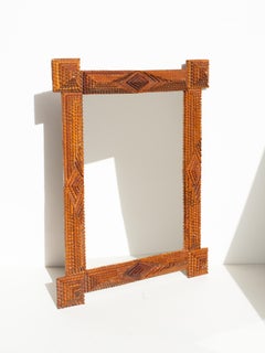 French Tramp Art Mirror - Folk Art Geometric Hand Carved Wooden Mirror - 1910