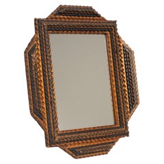 French Tramp Art Mirror - Folk Art Hand Carved Wooden Mirror in 2 Tones - 1910