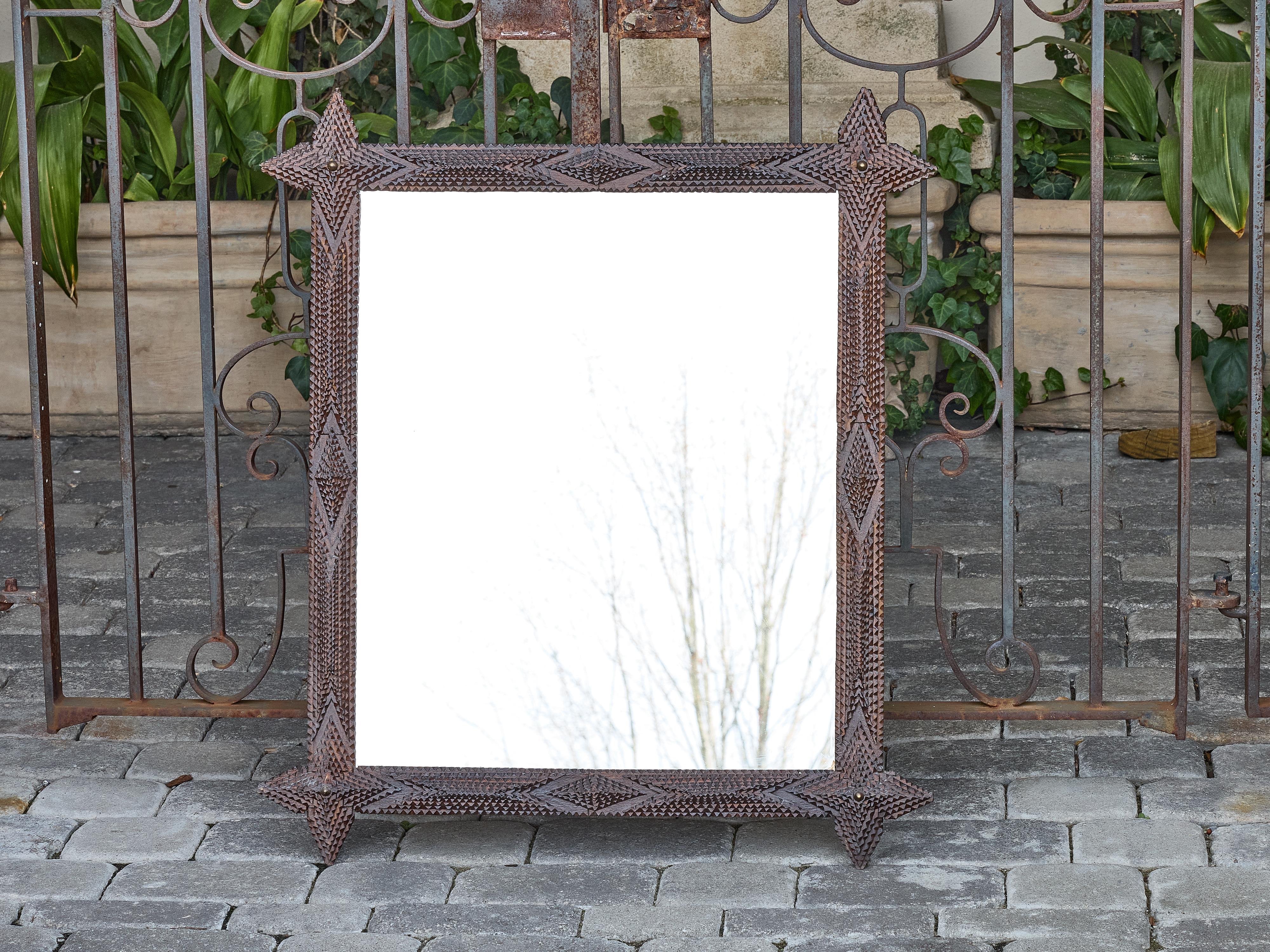 French Tramp Art Mirror with Brass Accents and Protruding Finials, circa 1900 6