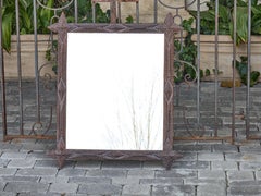 French Tramp Art Mirror with Brass Accents and Protruding Finials, circa 1900