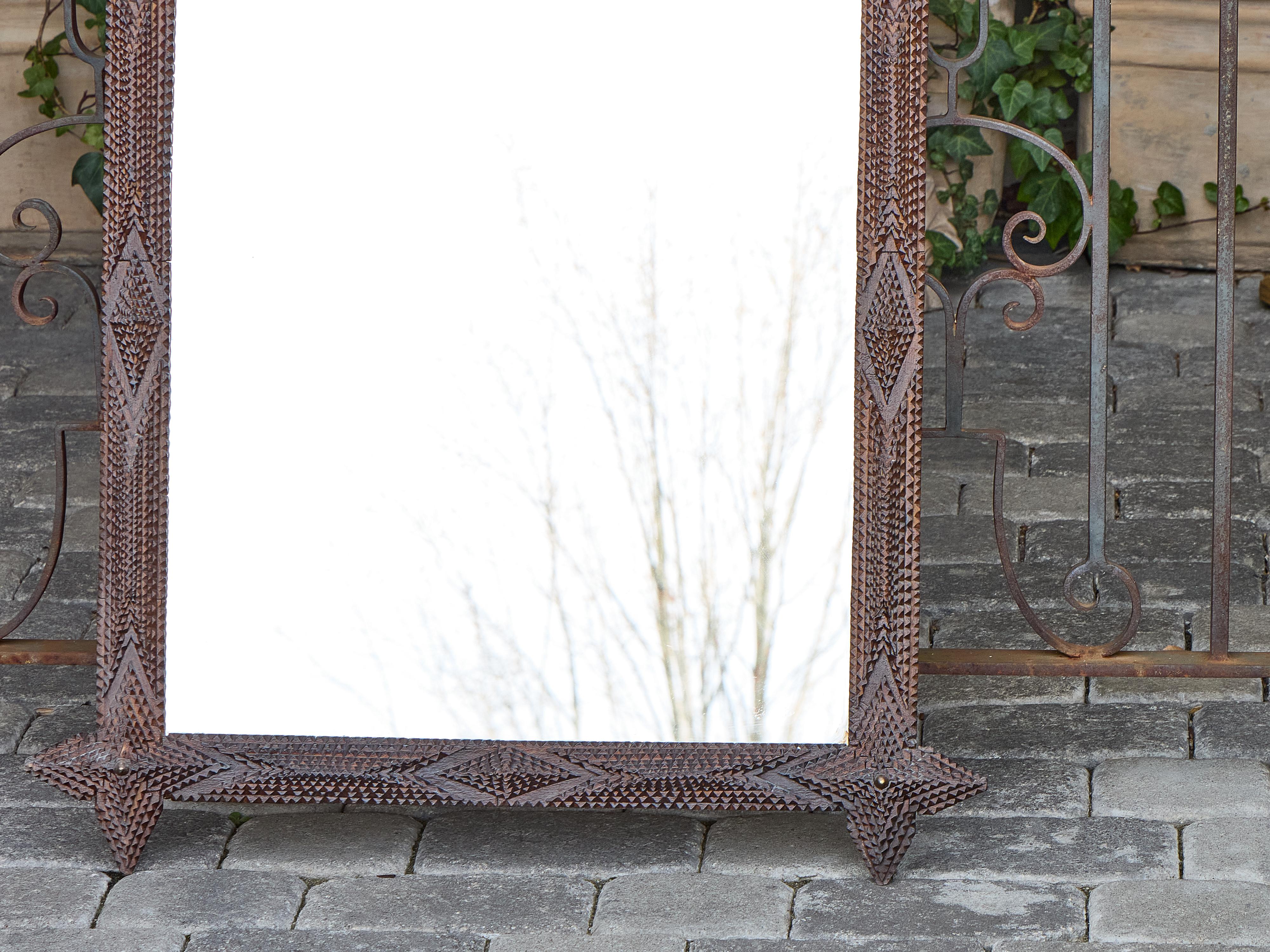 Folk Art French Tramp Art Mirror with Brass Accents and Protruding Finials, circa 1900