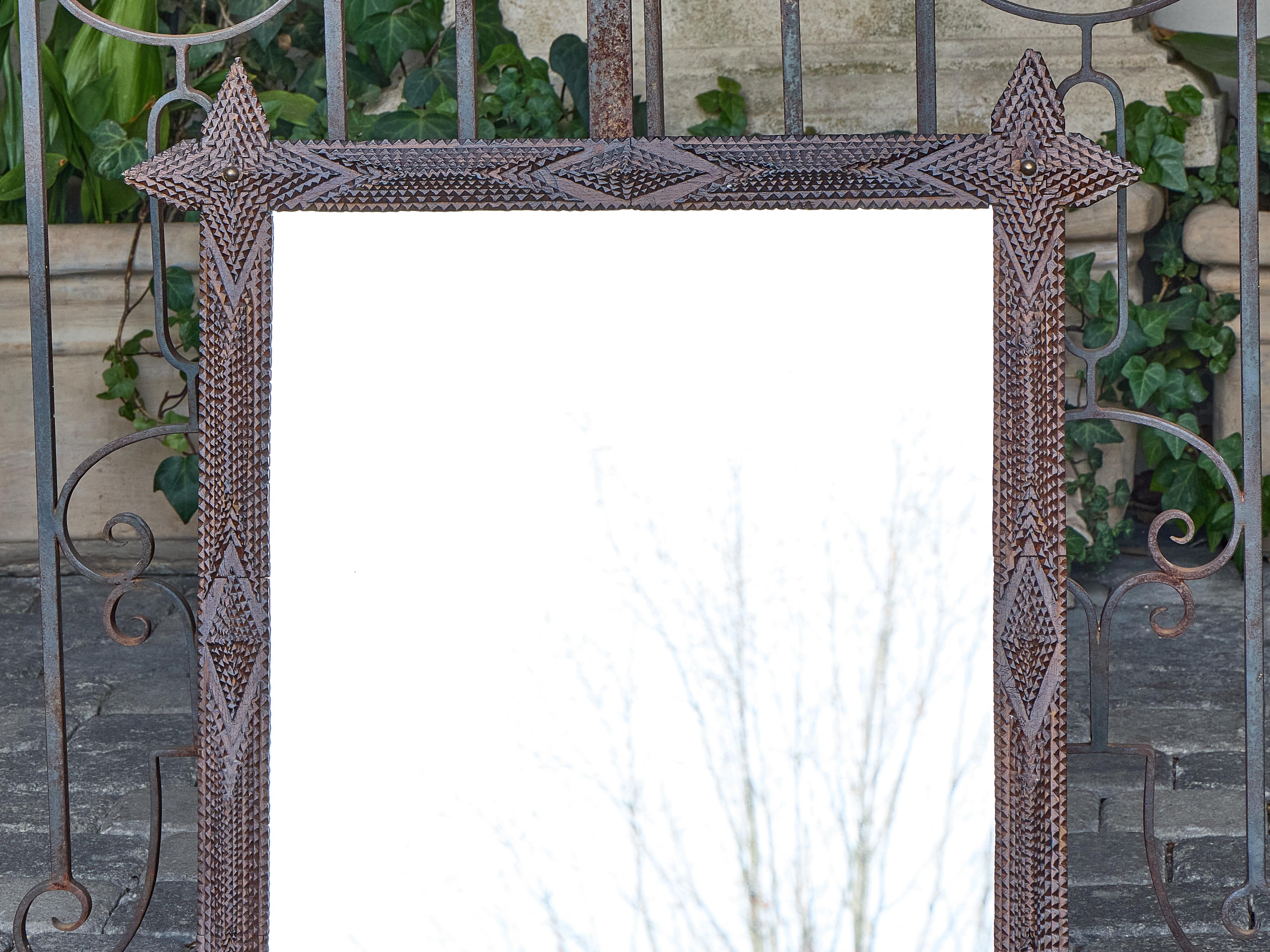 French Tramp Art Mirror with Brass Accents and Protruding Finials, circa 1900 In Good Condition In Atlanta, GA