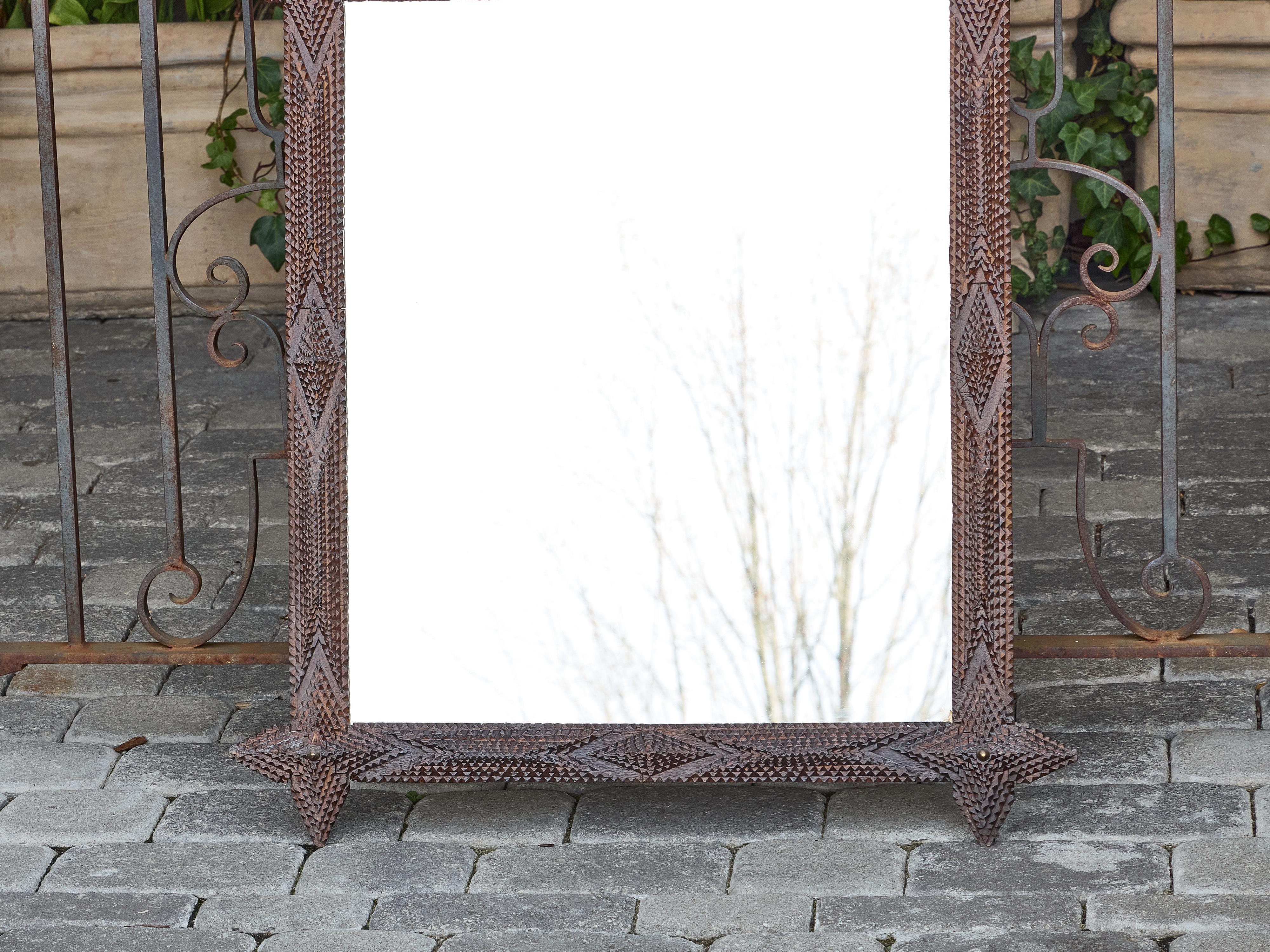 20th Century French Tramp Art Mirror with Brass Accents and Protruding Finials, circa 1900