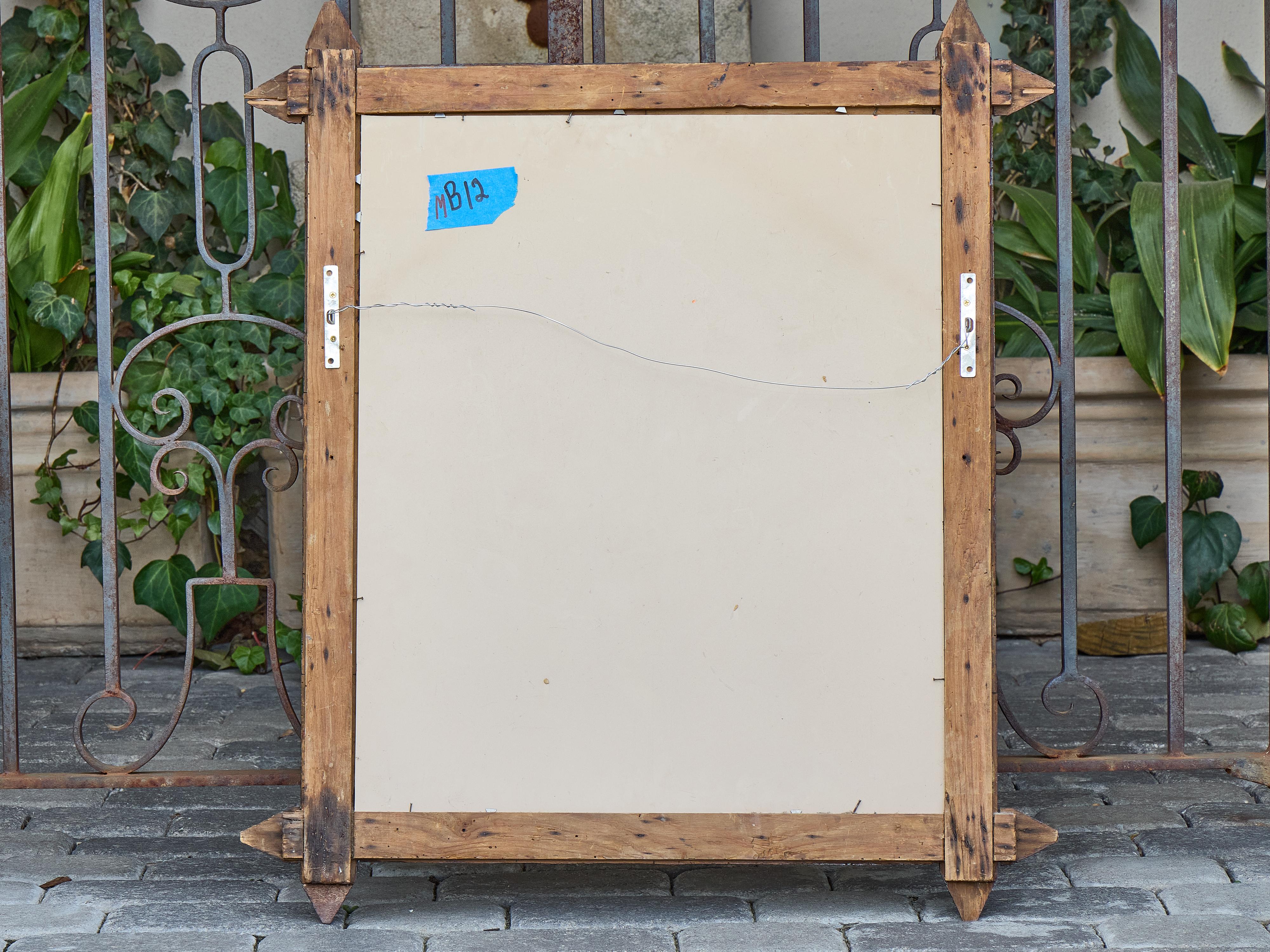 French Tramp Art Mirror with Brass Accents and Protruding Finials, circa 1900 2