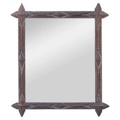 French Tramp Art Mirror with Brass Accents and Protruding Finials, circa 1900