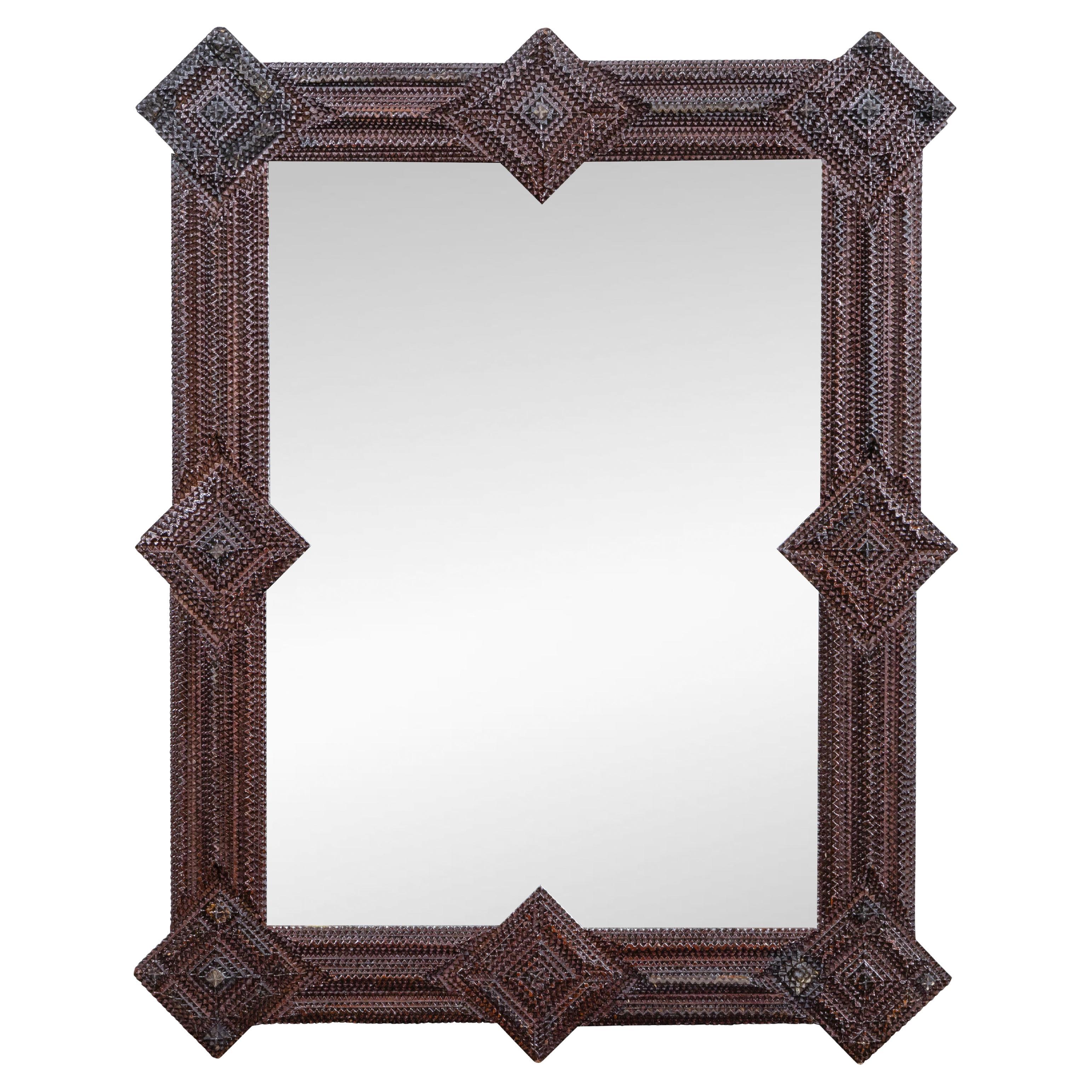 French Tramp Art Mirror with Carved Geometric Frame, circa 1900