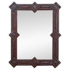 French Tramp Art Mirror with Carved Geometric Frame, circa 1900