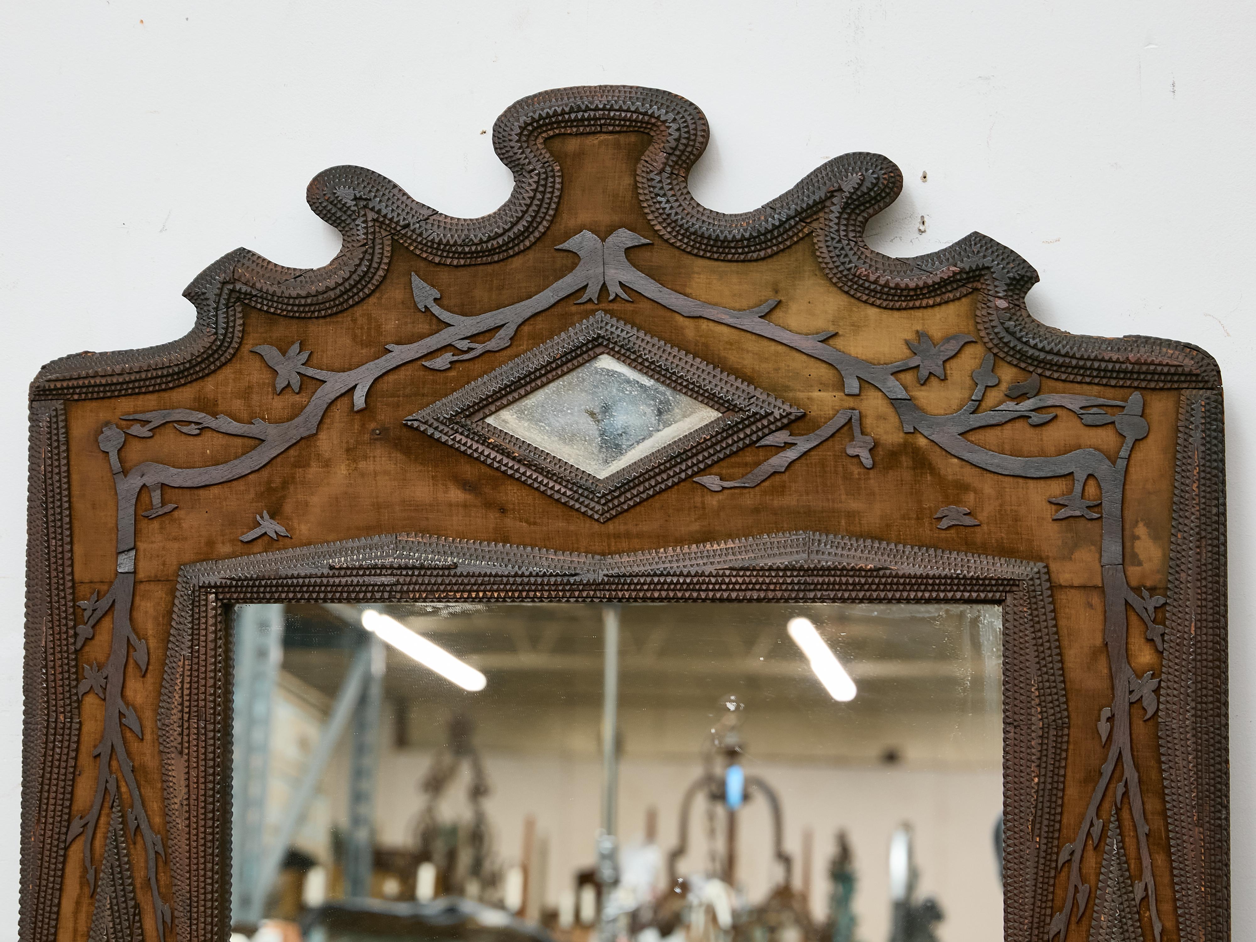Artisanat French Tramp Art Mirror with Carved Vines and Diamond Glass Inset, circa 1900 en vente