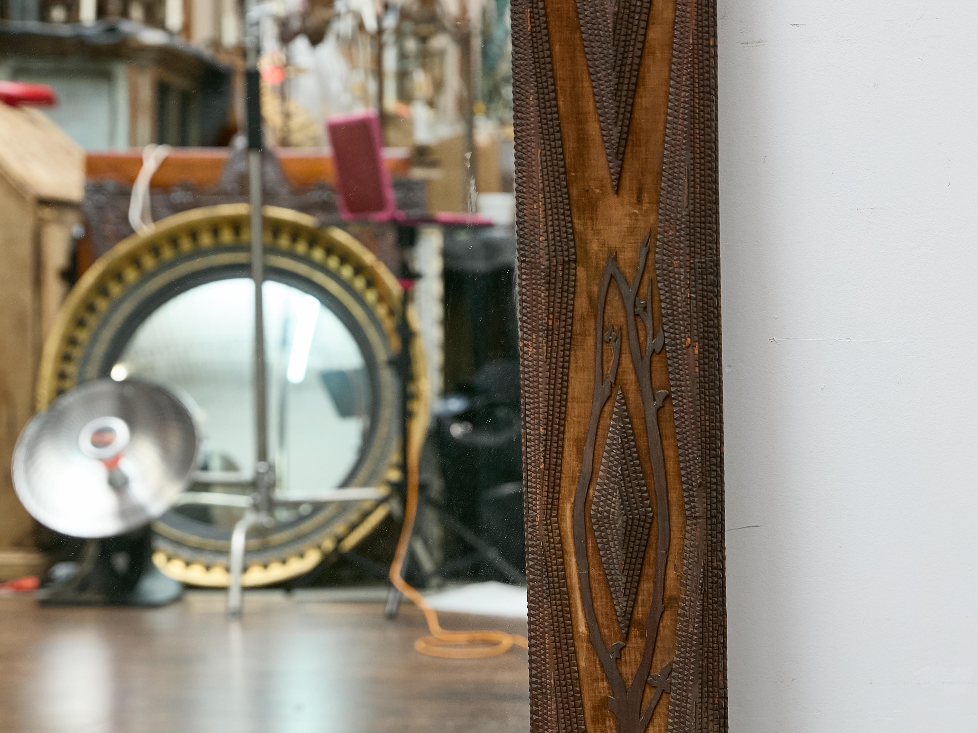 Français French Tramp Art Mirror with Carved Vines and Diamond Glass Inset, circa 1900 en vente