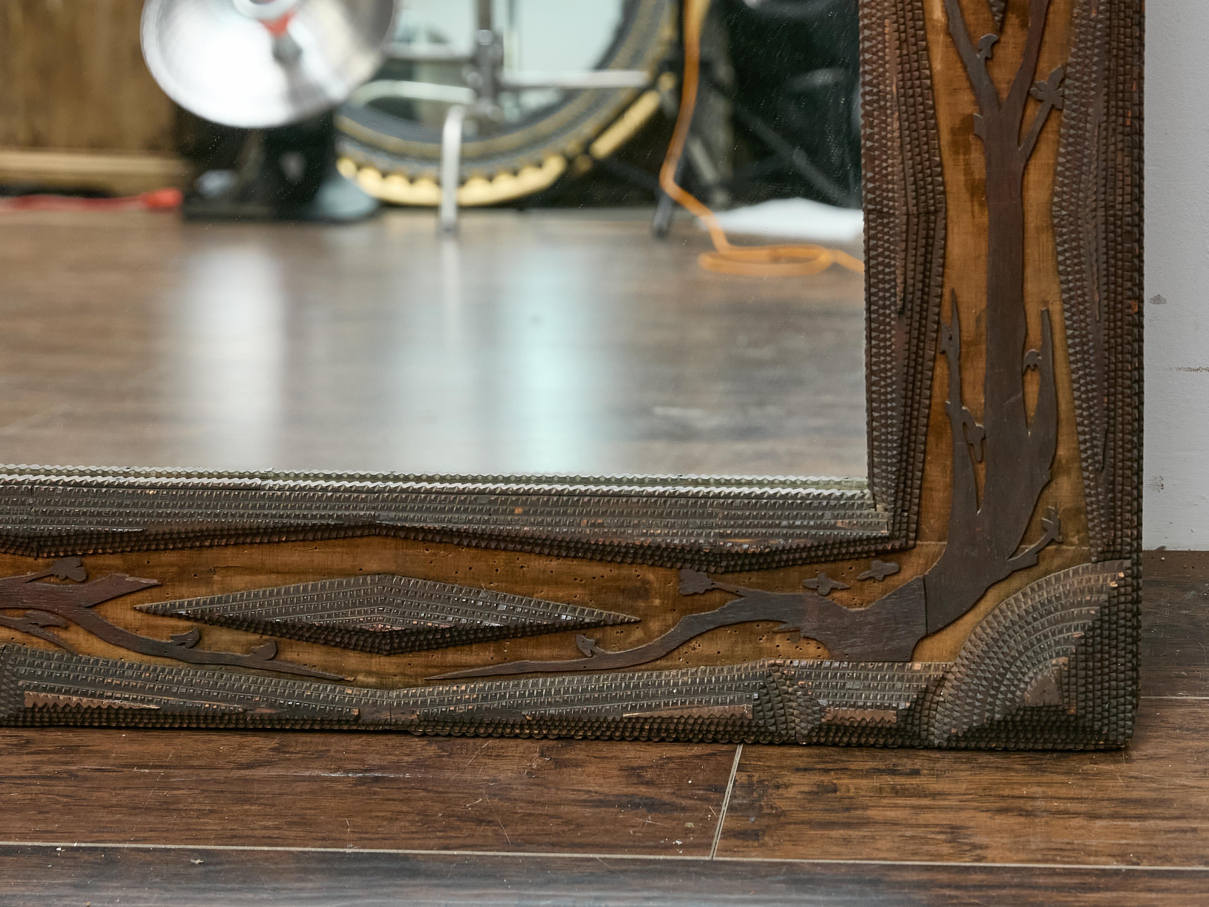 Sculpté French Tramp Art Mirror with Carved Vines and Diamond Glass Inset, circa 1900 en vente