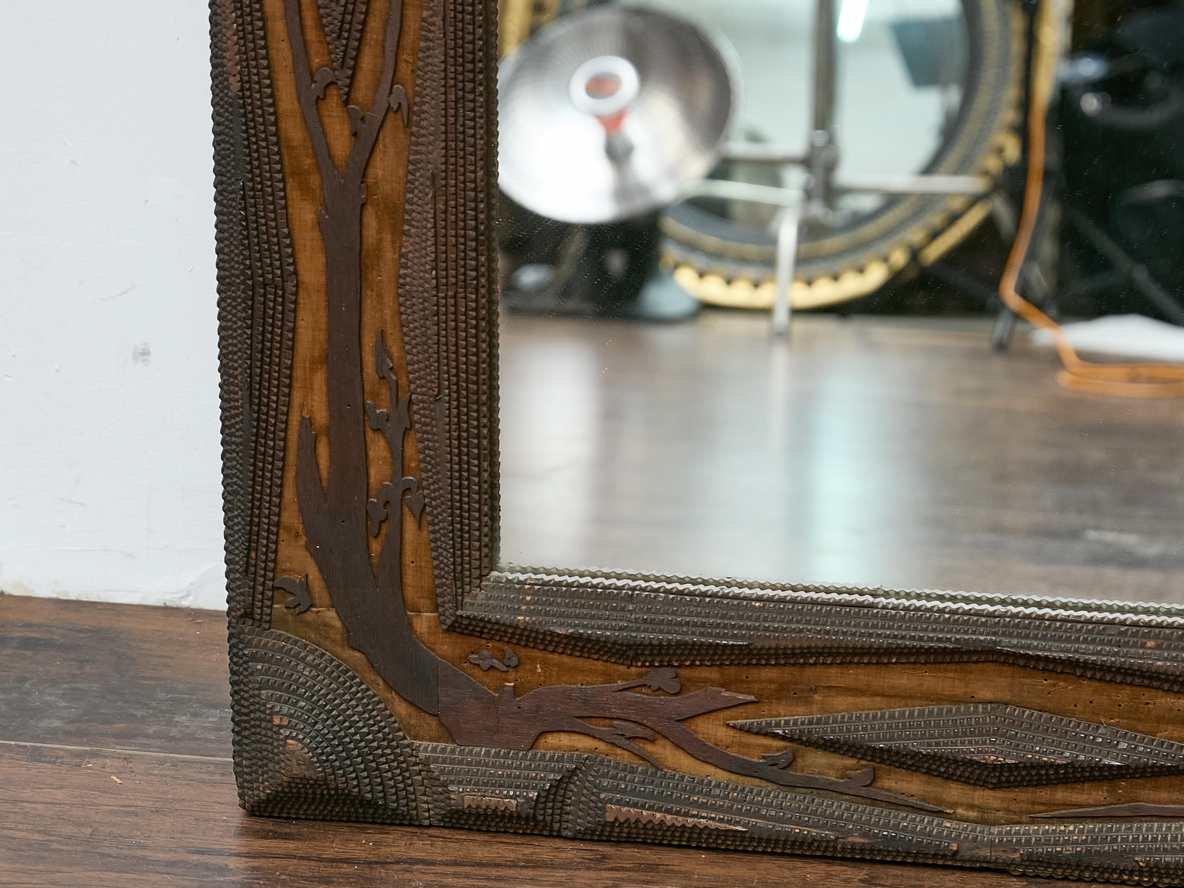 French Tramp Art Mirror with Carved Vines and Diamond Glass Inset, circa 1900 Bon état - En vente à Atlanta, GA