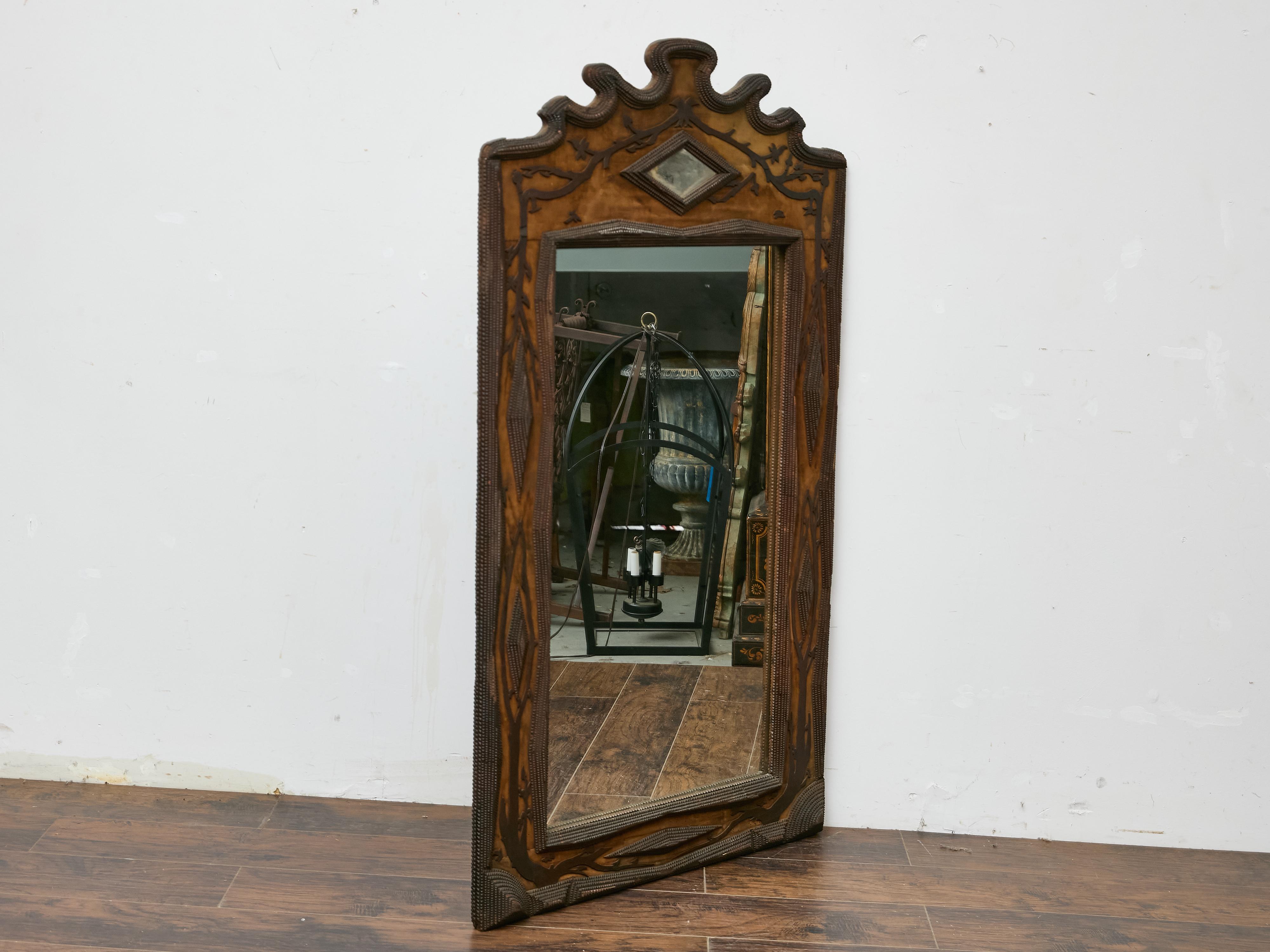 Verre French Tramp Art Mirror with Carved Vines and Diamond Glass Inset, circa 1900 en vente