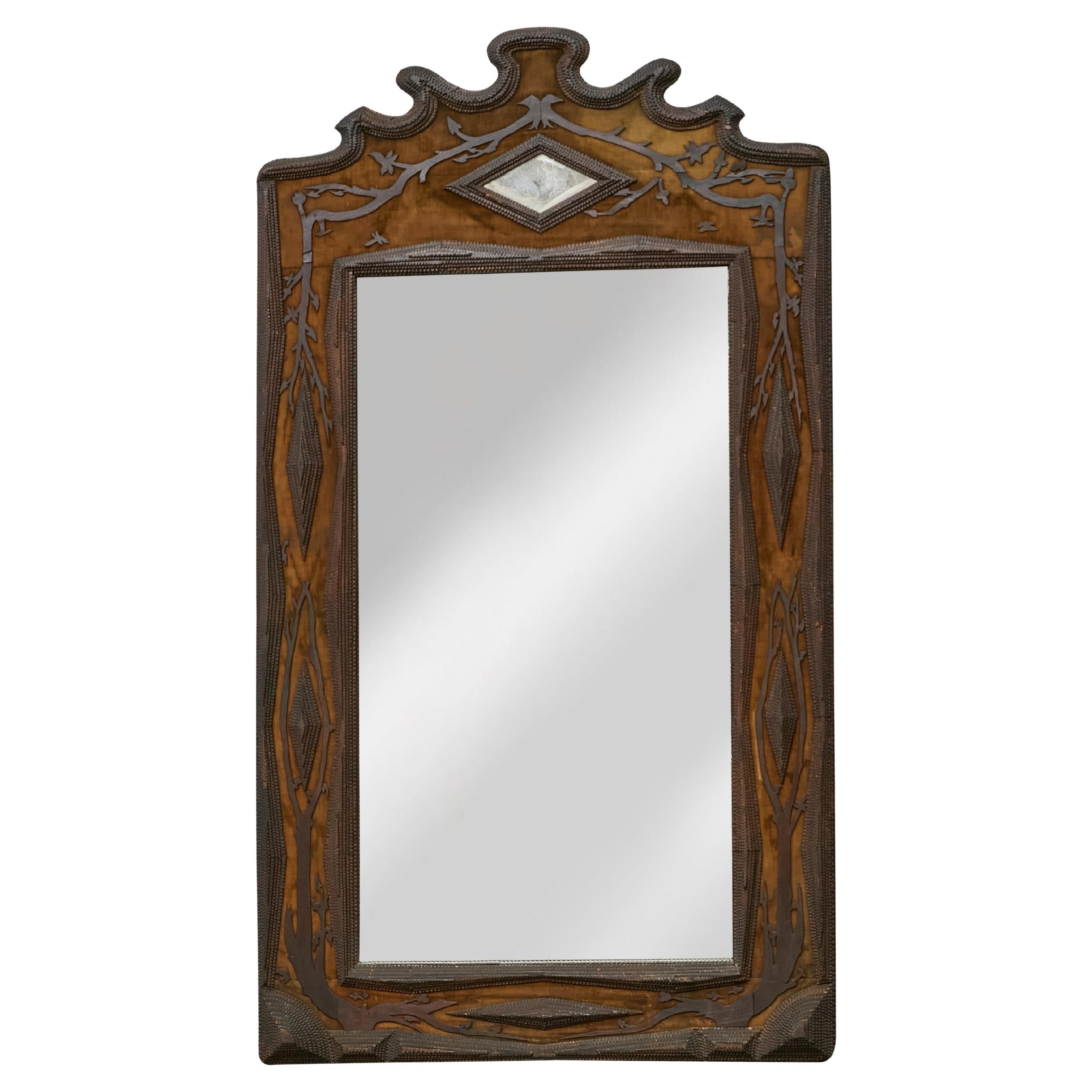 French Tramp Art Mirror with Carved Vines and Diamond Glass Inset, circa 1900 en vente