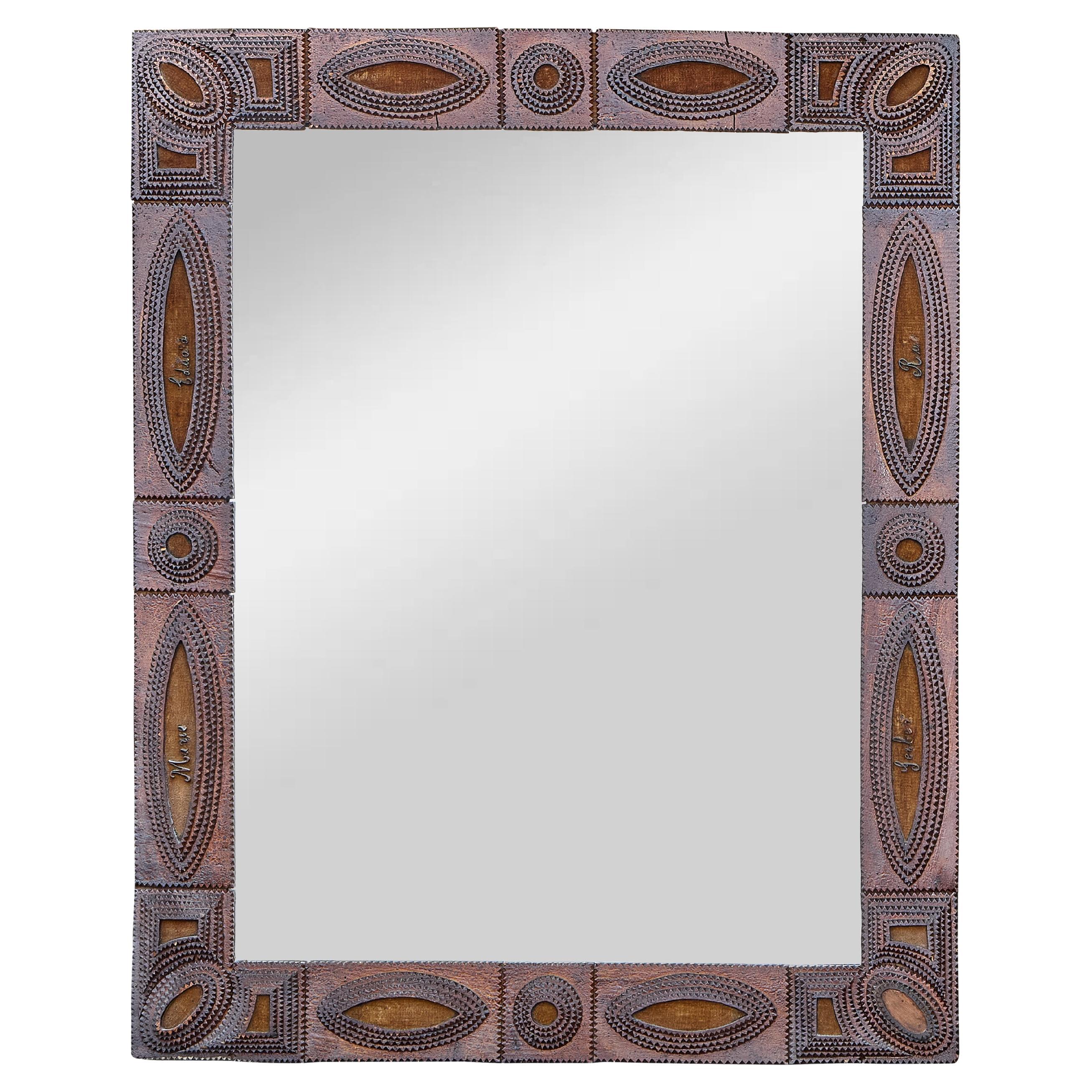 French Tramp Art Mirror with Chip-Carved Frame and Medallions, circa 1900