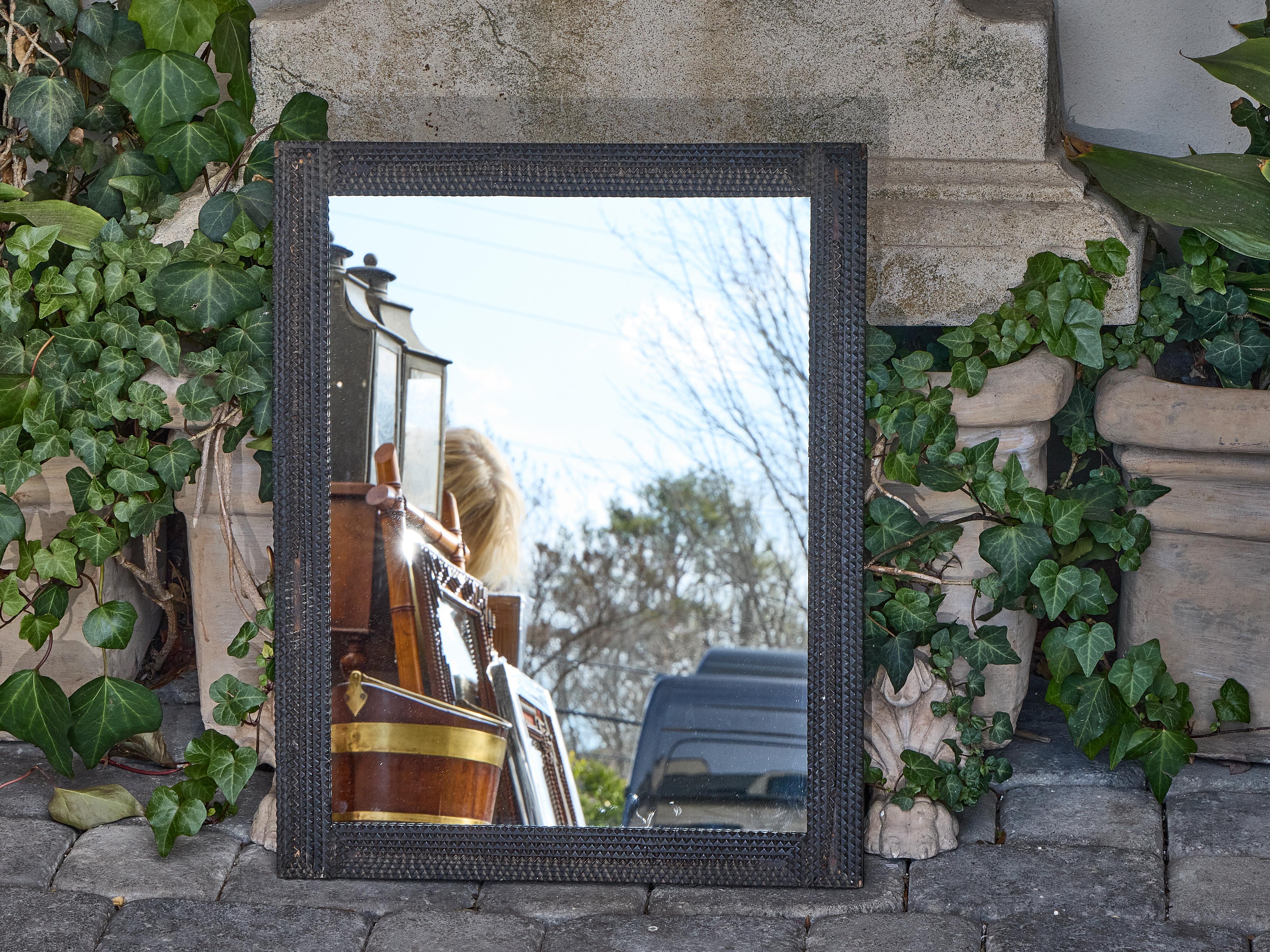 French Tramp Art Mirror with Deeply Carved Geometric Frame, Circa 1900 For Sale 7