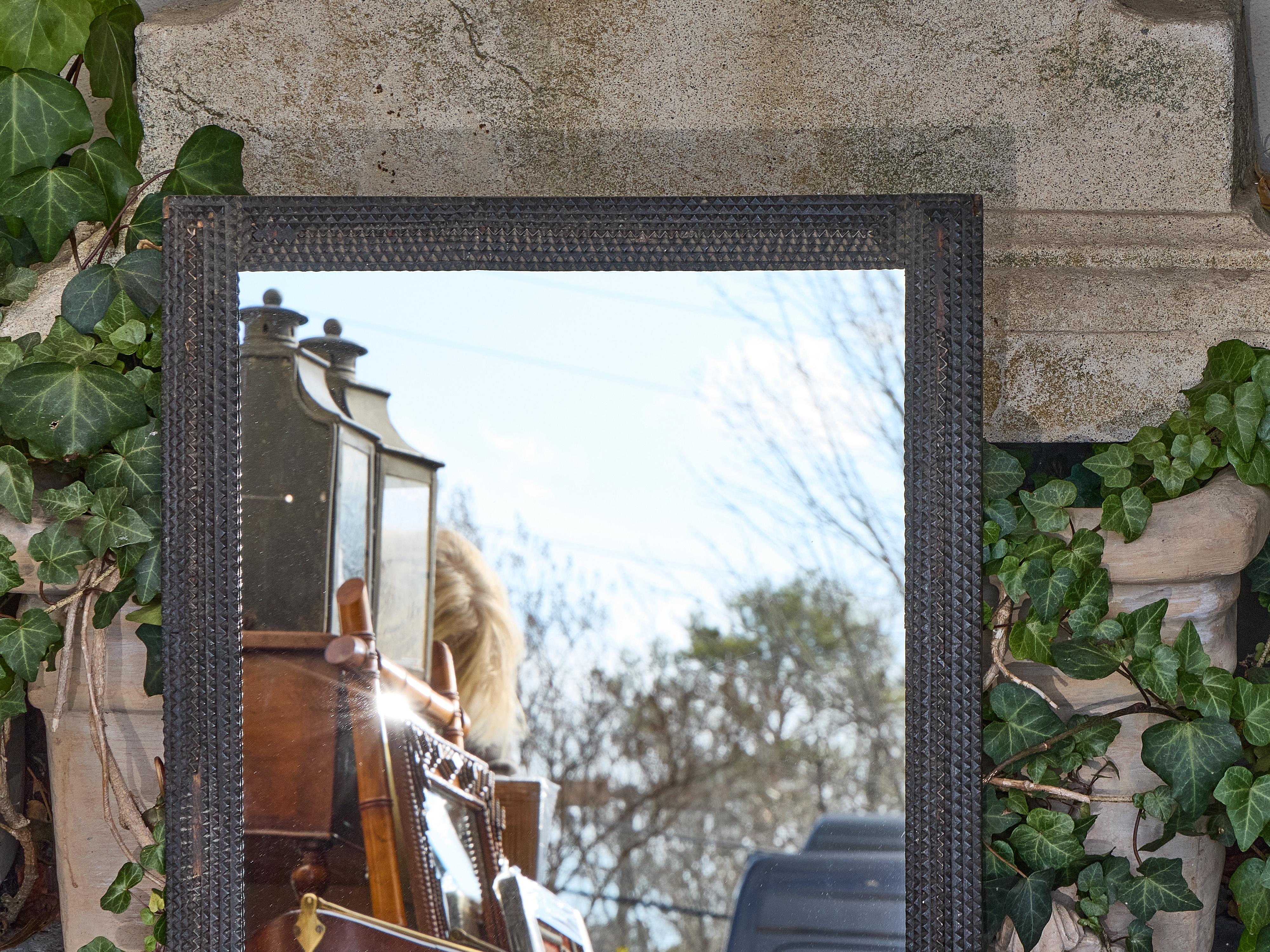 Folk Art French Tramp Art Mirror with Deeply Carved Geometric Frame, Circa 1900 For Sale