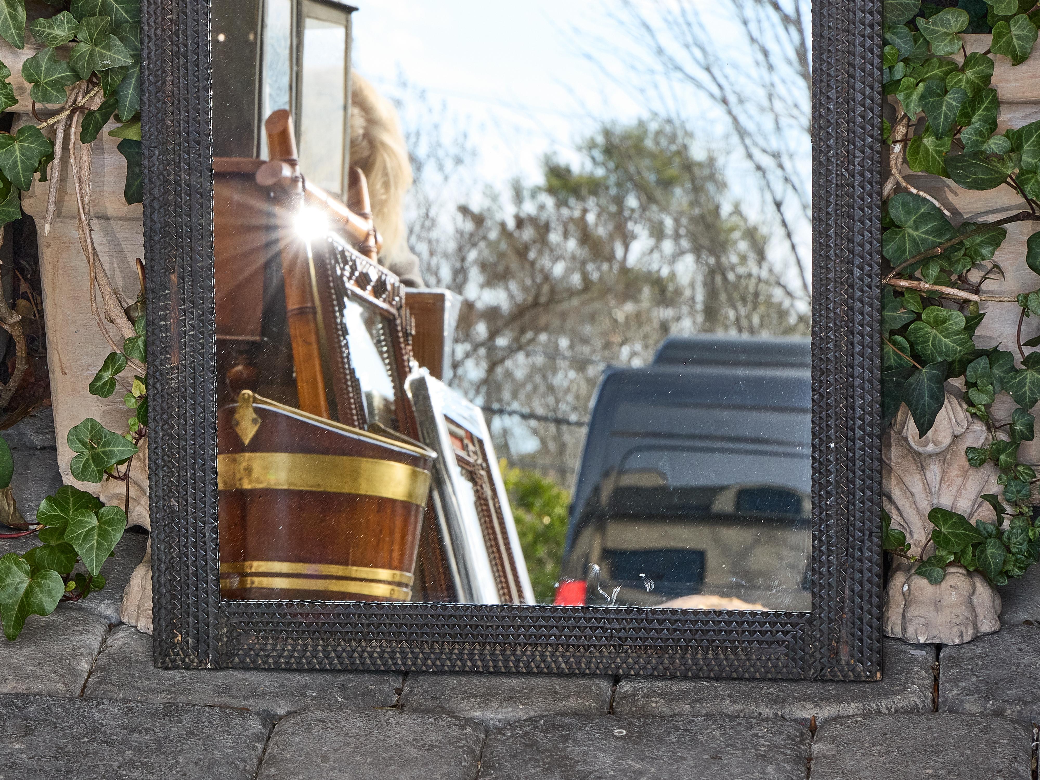 French Tramp Art Mirror with Deeply Carved Geometric Frame, Circa 1900 In Good Condition For Sale In Atlanta, GA