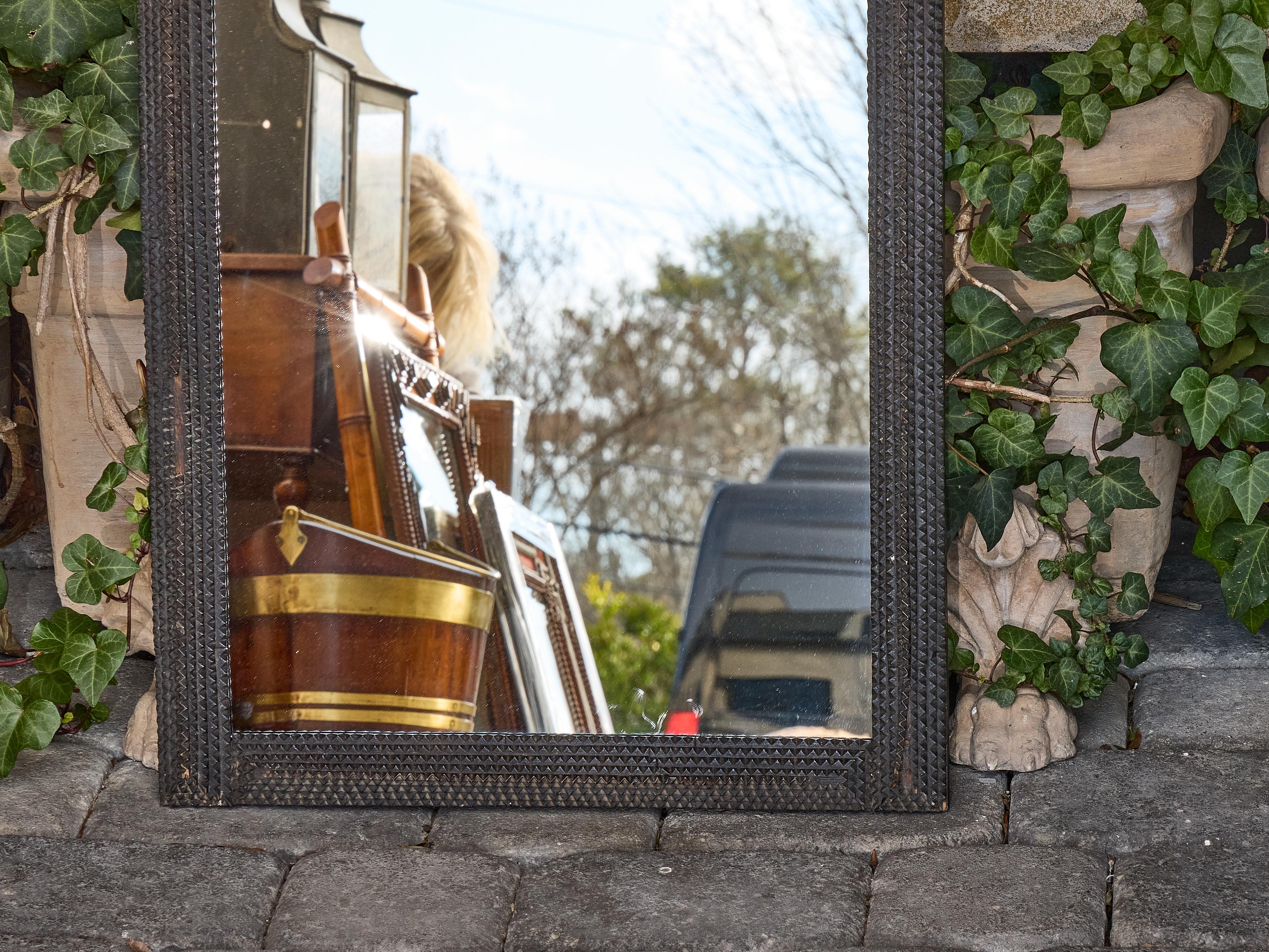 20th Century French Tramp Art Mirror with Deeply Carved Geometric Frame, Circa 1900 For Sale