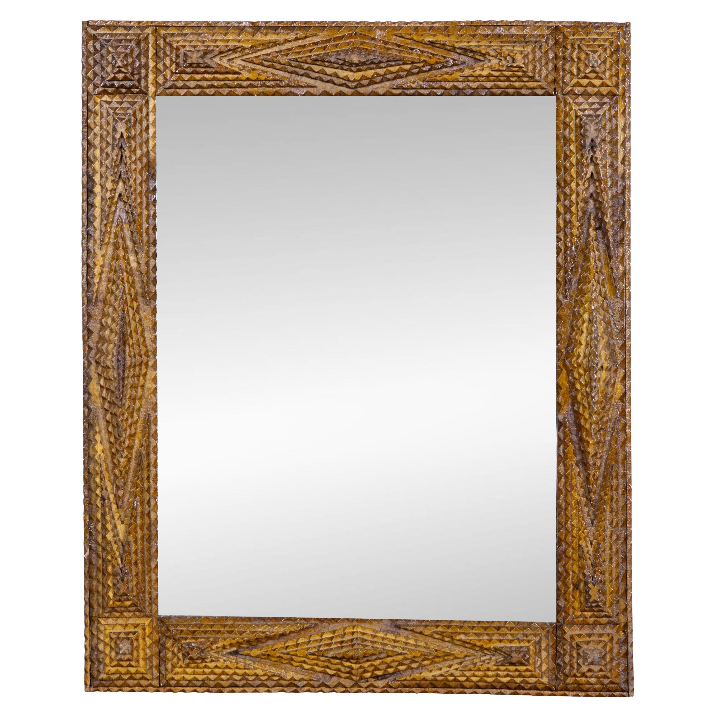 French Circa 1900 Tramp Art Mirror with Gilt Accents and Chip