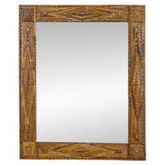 French Tramp Art Mirror with Deeply Carved Geometric Frame, circa 1900